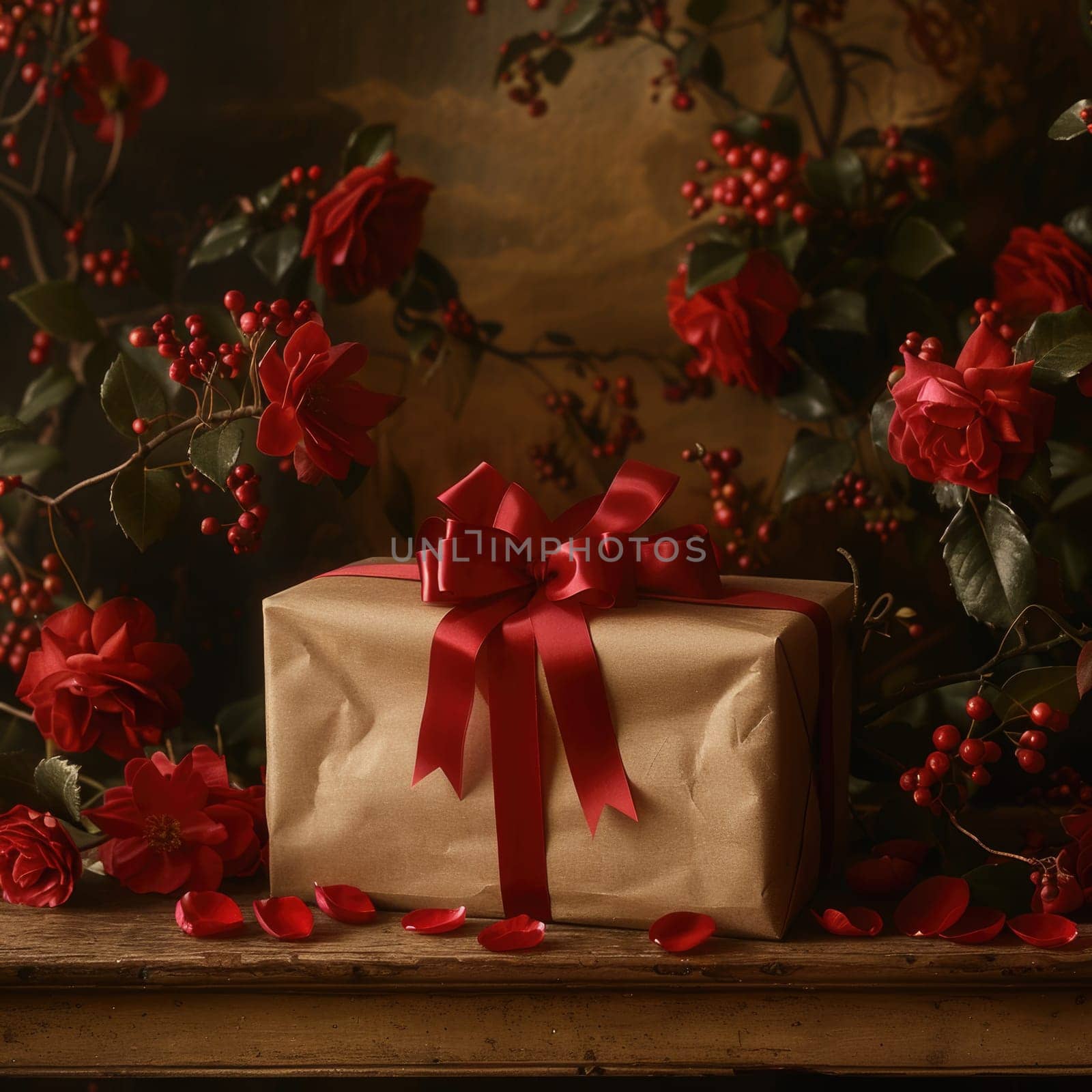 A present box with a red bow placed on a wooden table.