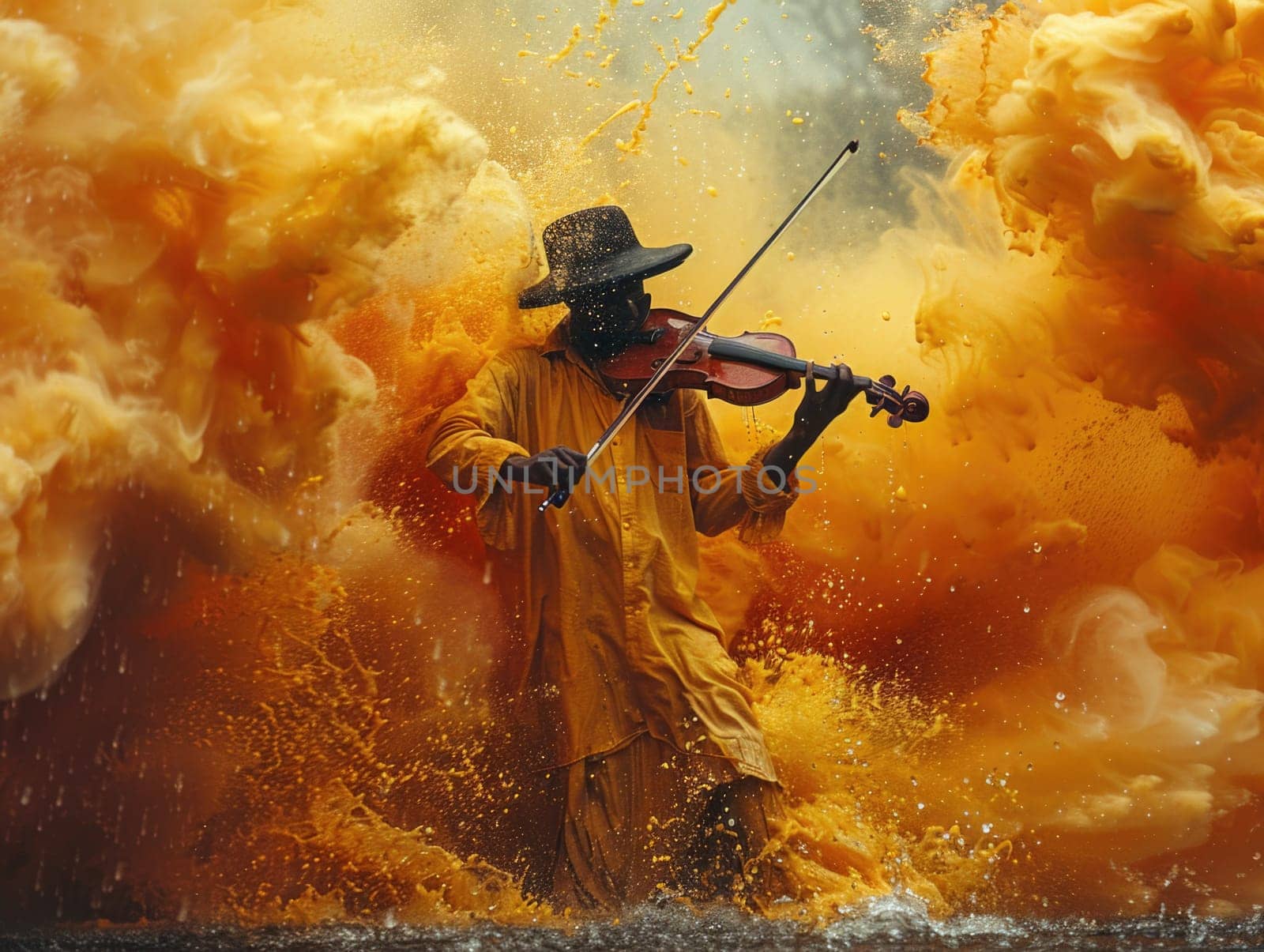 A man in a vibrant yellow outfit passionately playing the violin.