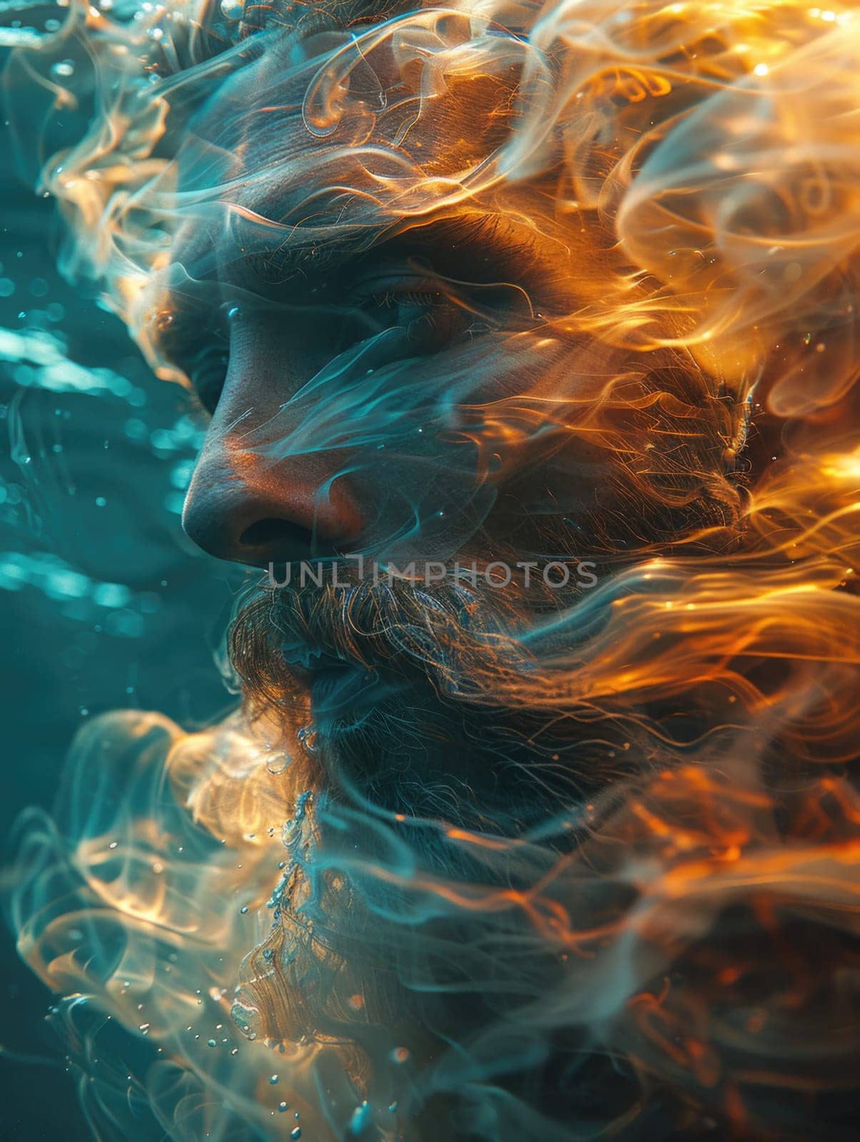 A man with a beard and long hair immersed in water.