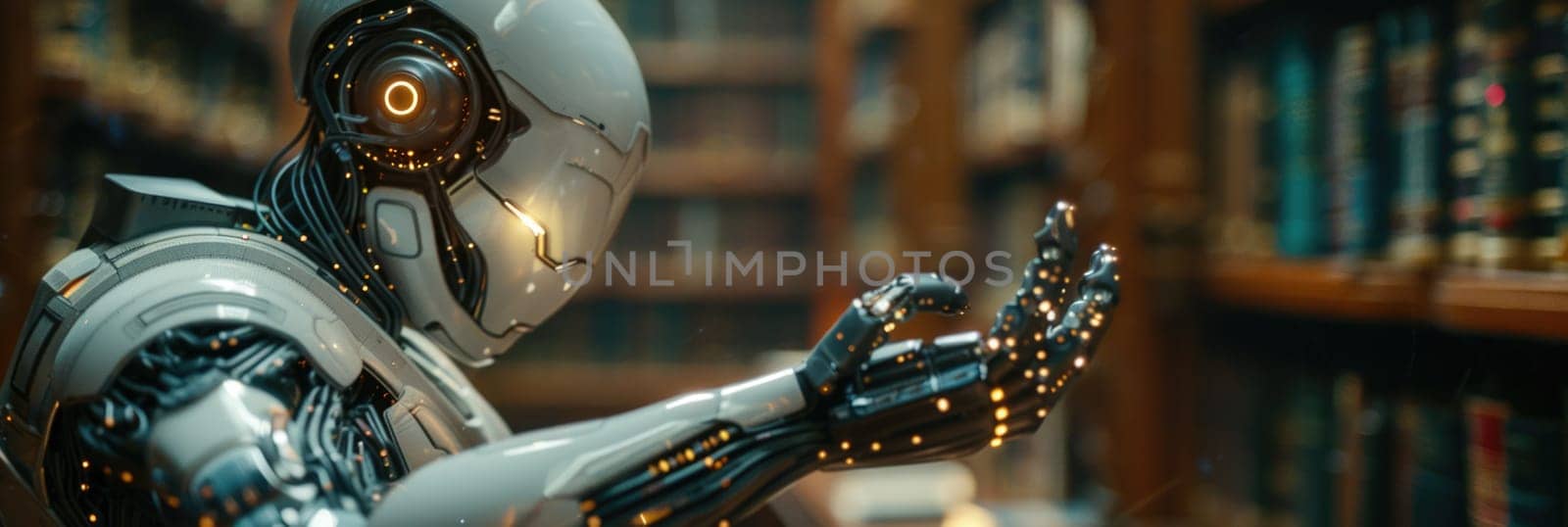 Robot Sitting in Front of Book Shelf by but_photo