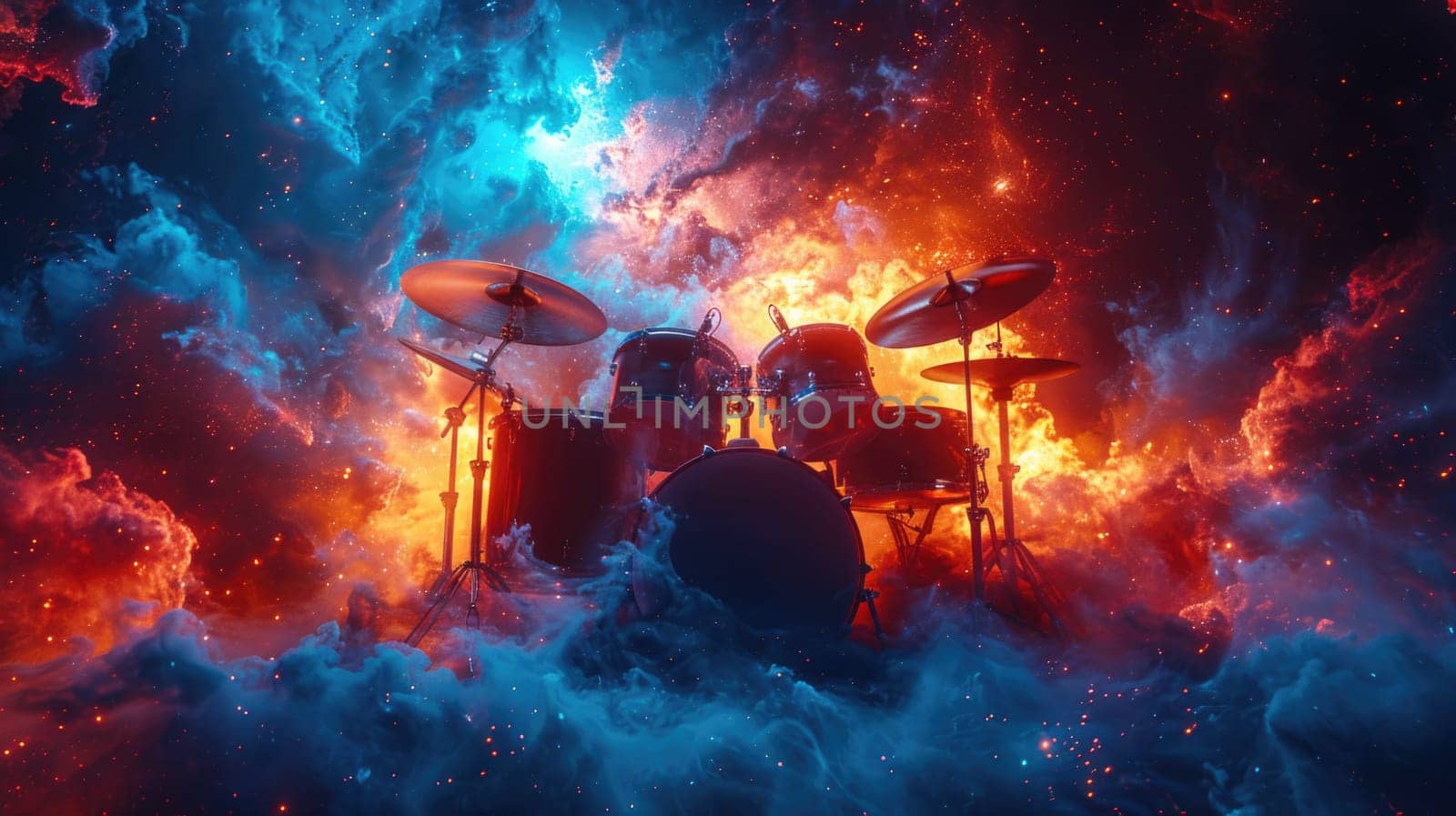 A drum set positioned in front of a vibrant, multicolored backdrop, creating a lively and dynamic visual contrast.