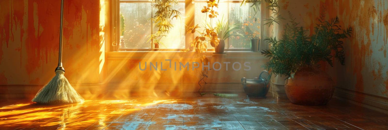 A broom stands next to a potted plant on the floor in front of a window illuminated by the sun.