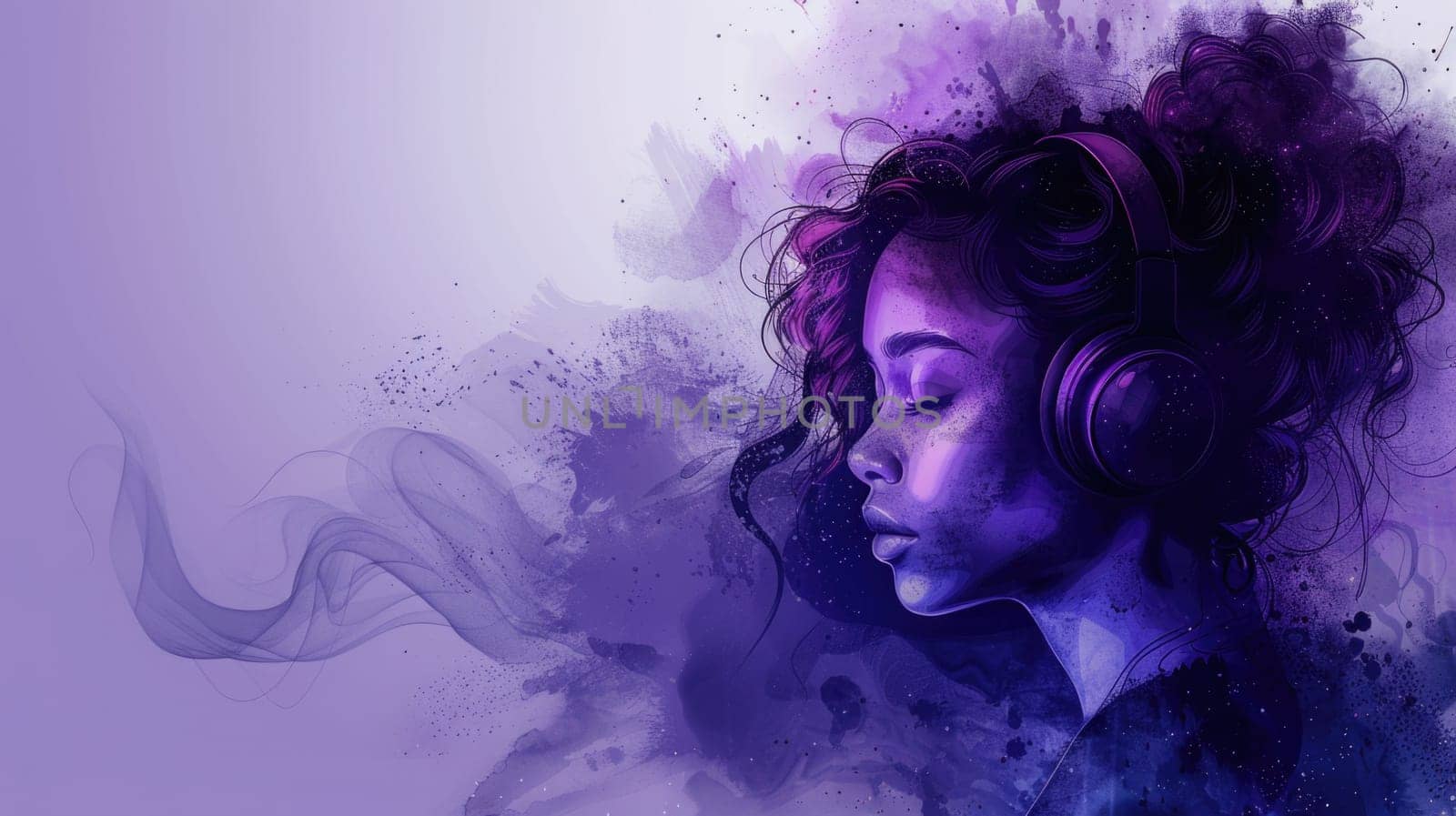 A painting of a woman wearing headphones, listening to music.
