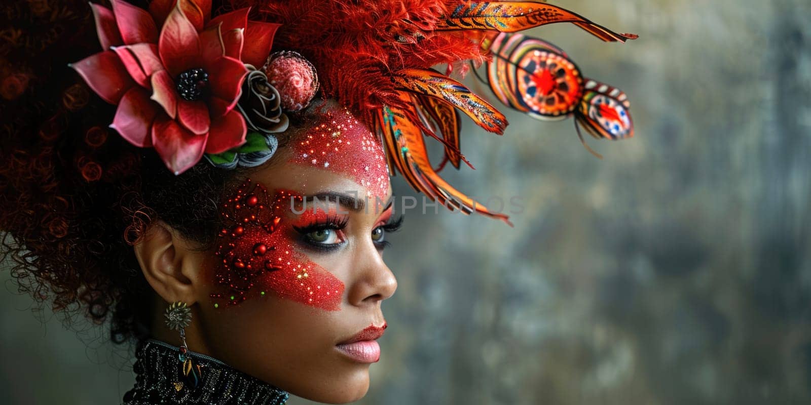A portrait of a woman wearing vibrant red makeup and a striking feathered headdress.