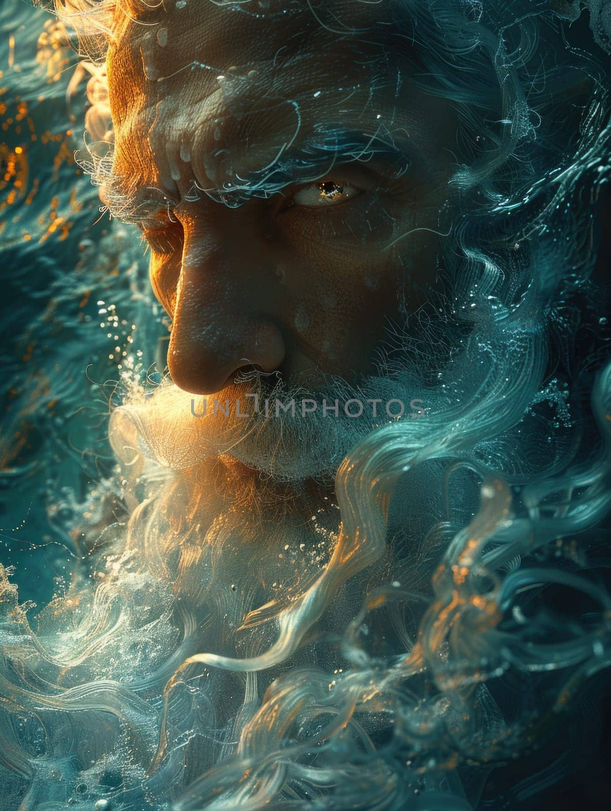 A man with a beard standing in the water, portraying a connection with the aquatic environment.
