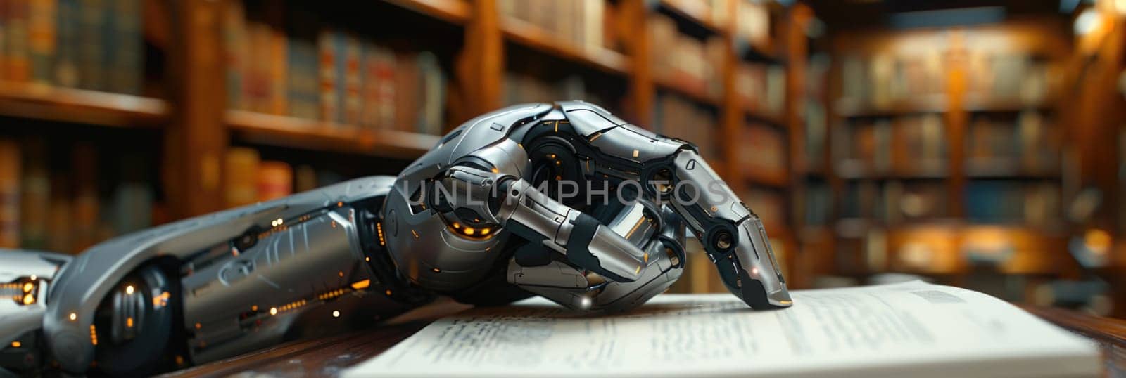 A robotic hand placed on top of a book in a library setting, showcasing the fusion of technology and learning.