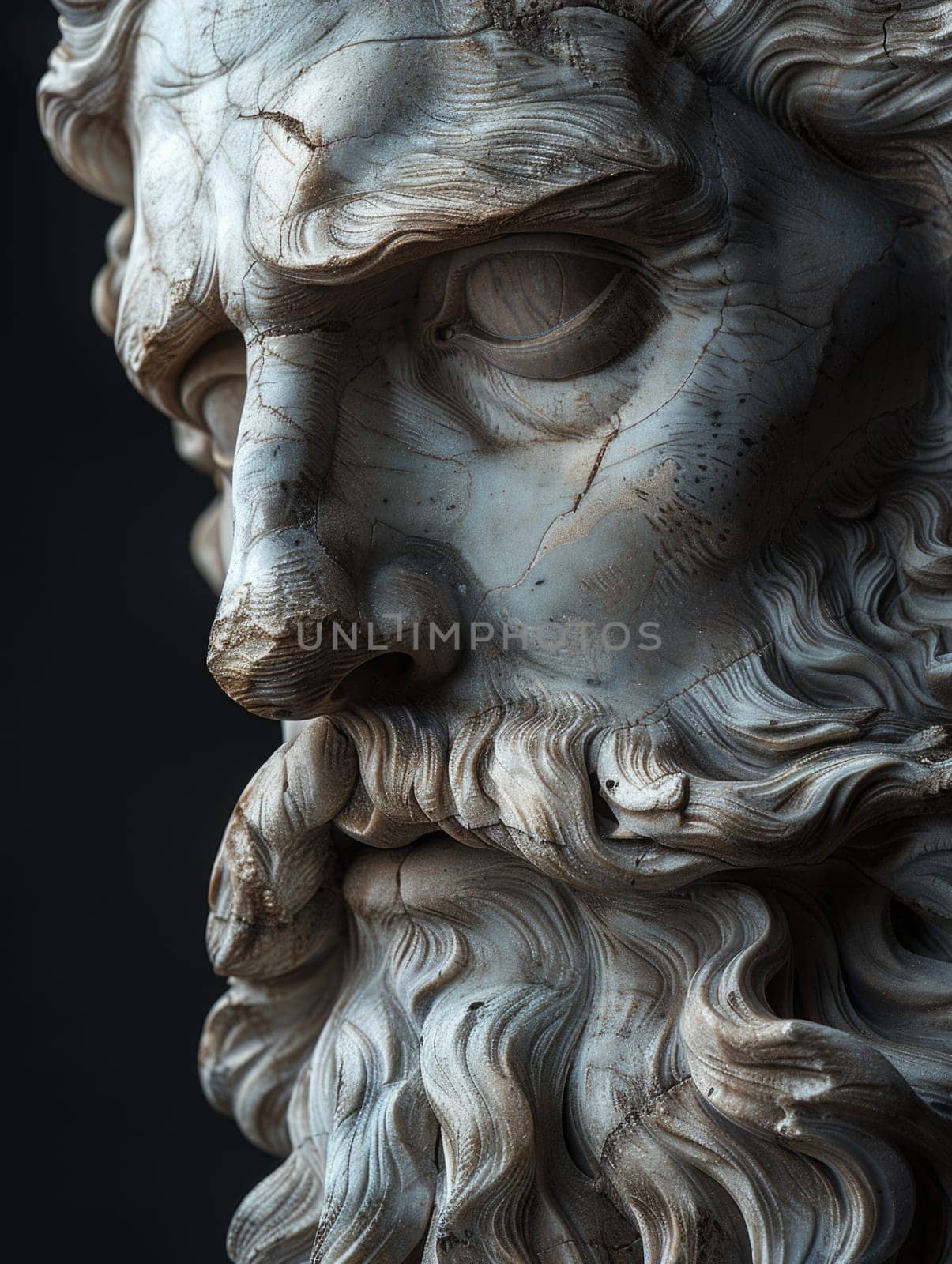 Detailed view of an antique sculpture depicting a man with a full beard.