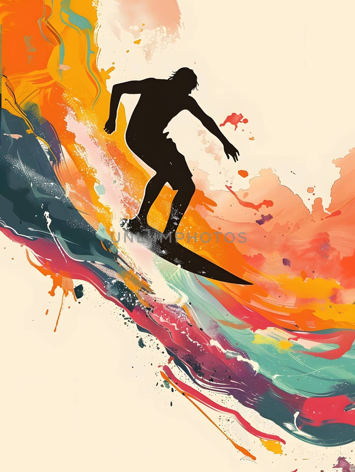 A painted silhouette of a person riding a wave on a surfboard, capturing the essence of boardsport and recreation in liquid form. People in nature art