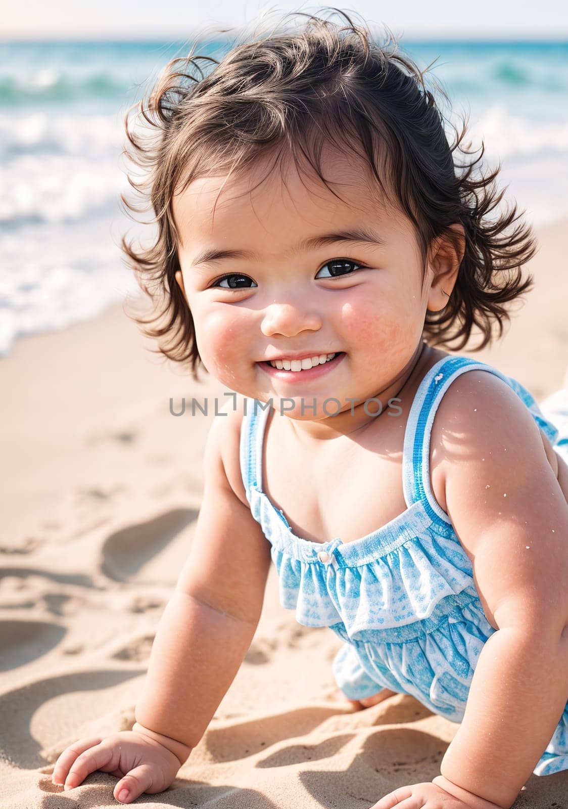 The image shows a young girl lying on the beach, smiling and looking up at the camera.