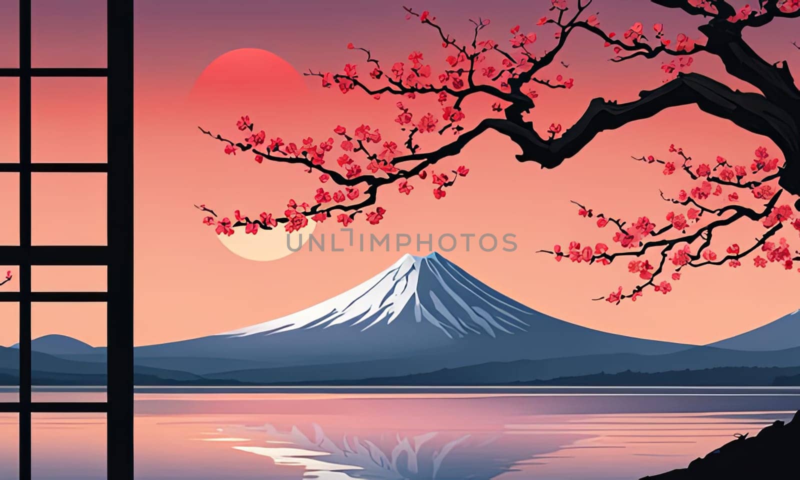 Painting of japanese Mount Fuji at sunset. For meditation apps, on covers of books about spiritual growth, in designs for yoga studios, spa salons, illustration for articles on inner peace, banner. by Angelsmoon