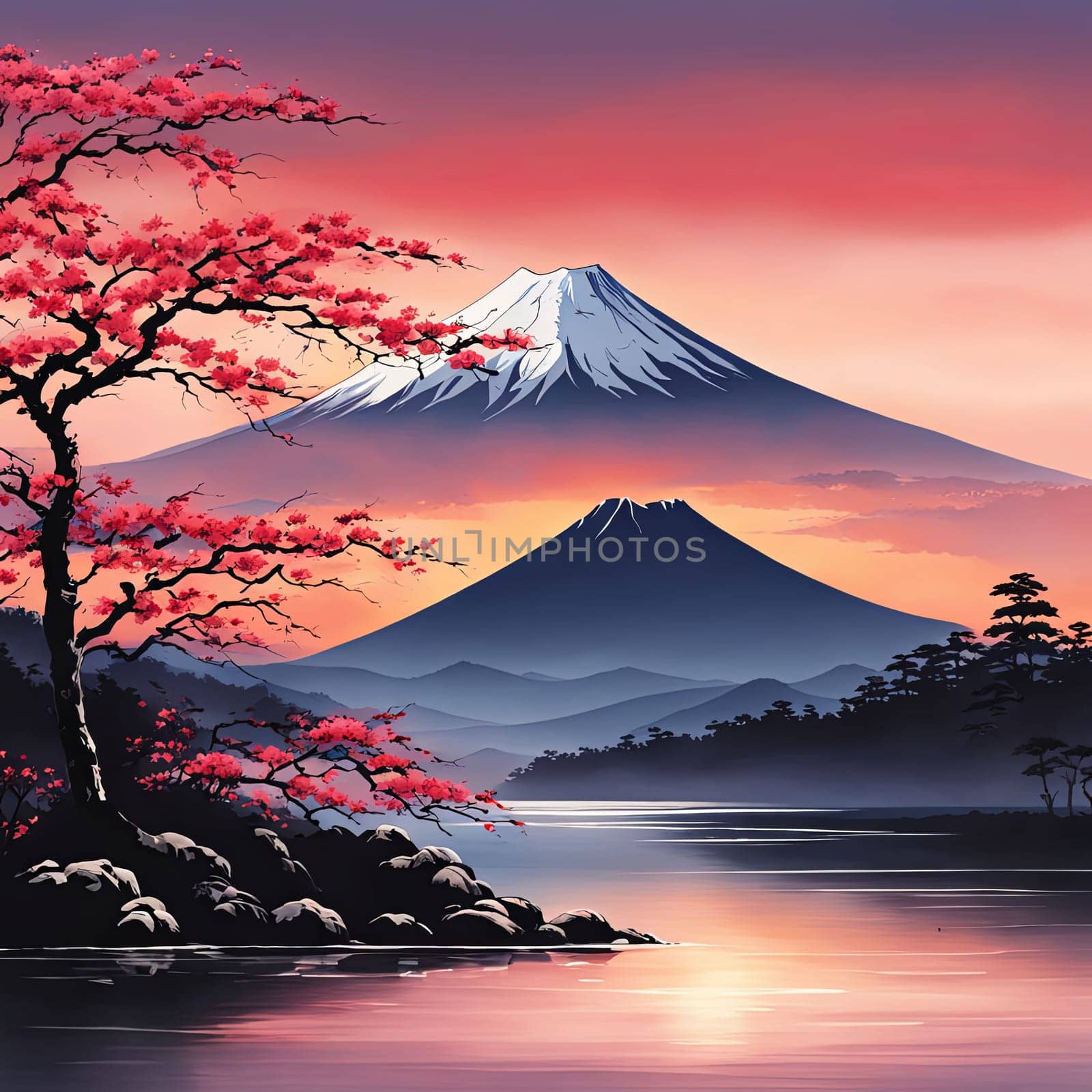 Serene Japanese landscape with mountain, cherry blossom tree. Cherry blossoms are in full bloom, creating beautiful, peaceful atmosphere. For interior, commercial spaces to create stylish atmosphere