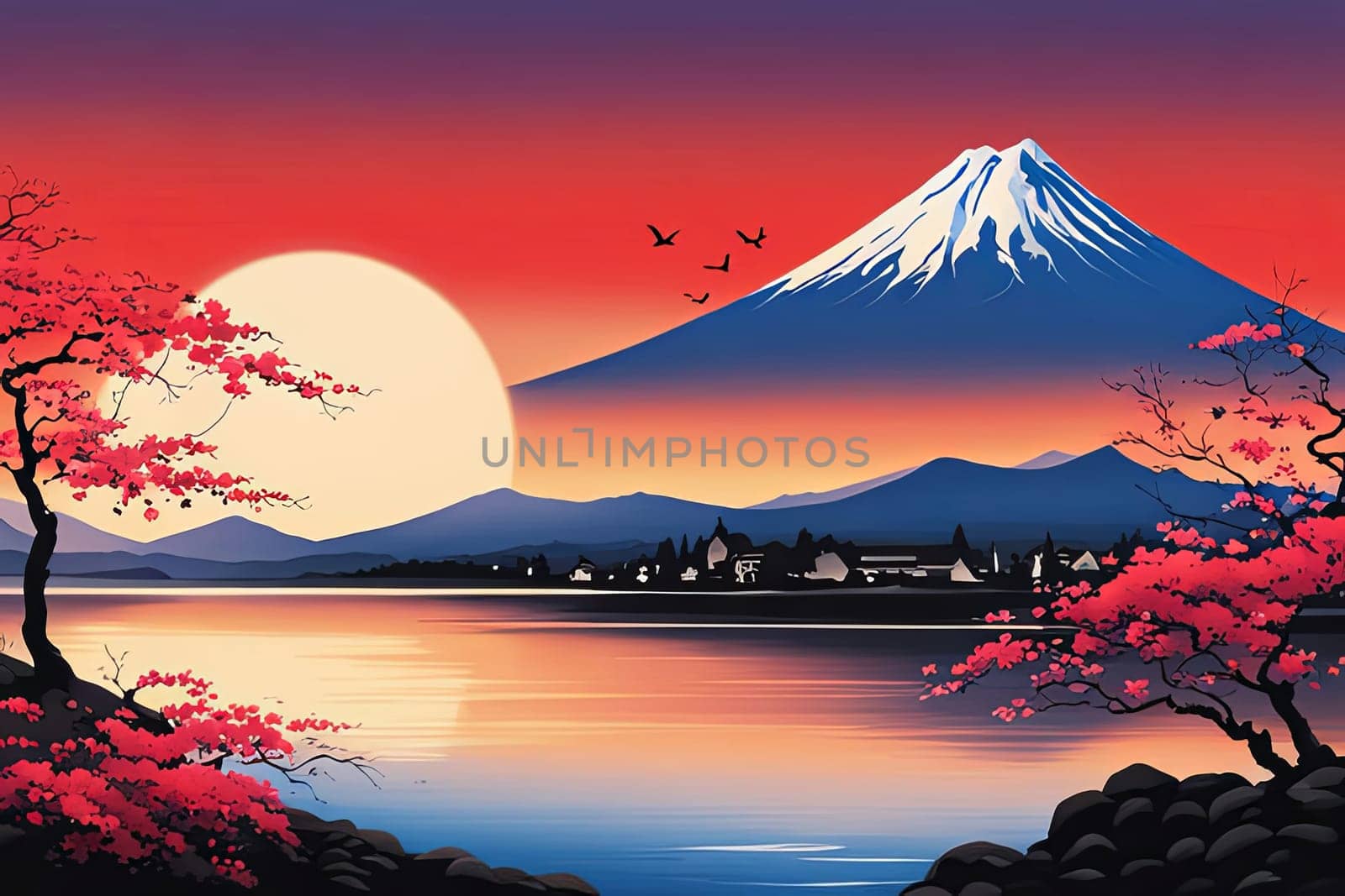 Majestic Mount Fuji, Japans iconic peak, bathed in warm hues of breathtaking sunset. Tranquil beauty of scene is accentuated by blending colors of sky. For art, creative projects, fashion, magazines