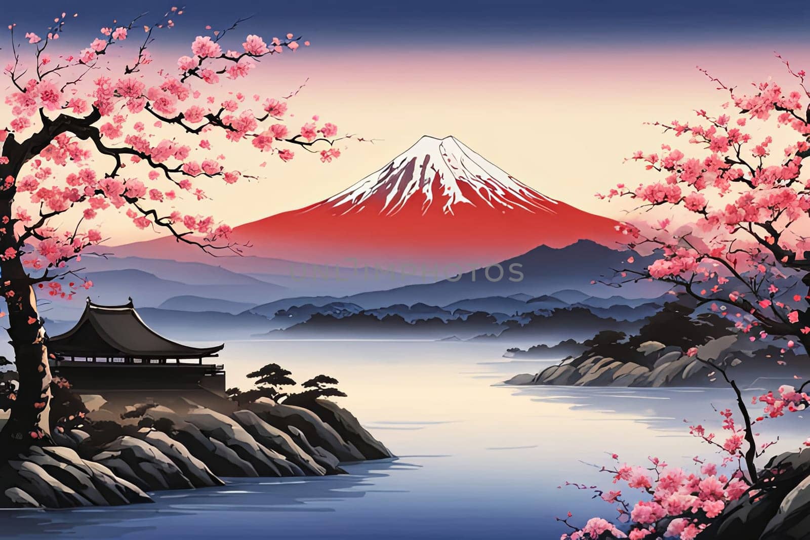 Majestic Mount Fuji in foreground, complemented by delicate backdrop of cherry blossoms in full bloom, tranquility of Japans iconic landscapes. For art, creative projects, fashion, style, magazines