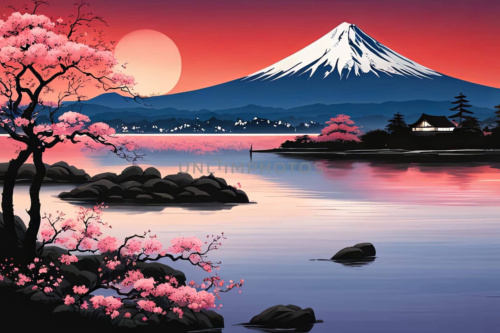 Mount Fuji at sunset, capturing majestic silhouette of mountain against vibrant, colorful sky as sun dips below horizon, creating tranquil scene. For art, creative projects, fashion, style, magazines