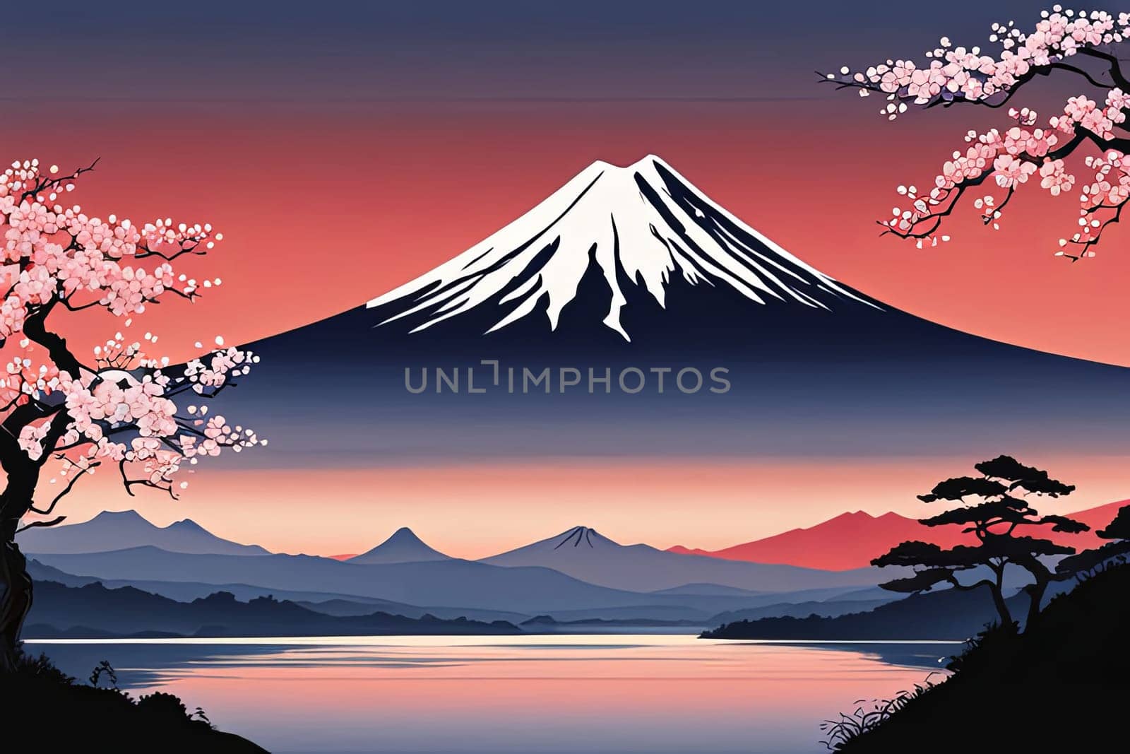 Cherry tree in full bloom with majestic Mount Fuji in background, capturing essence of traditional Japanese beauty, tranquility. For interior, commercial spaces to create stylish atmosphere, print