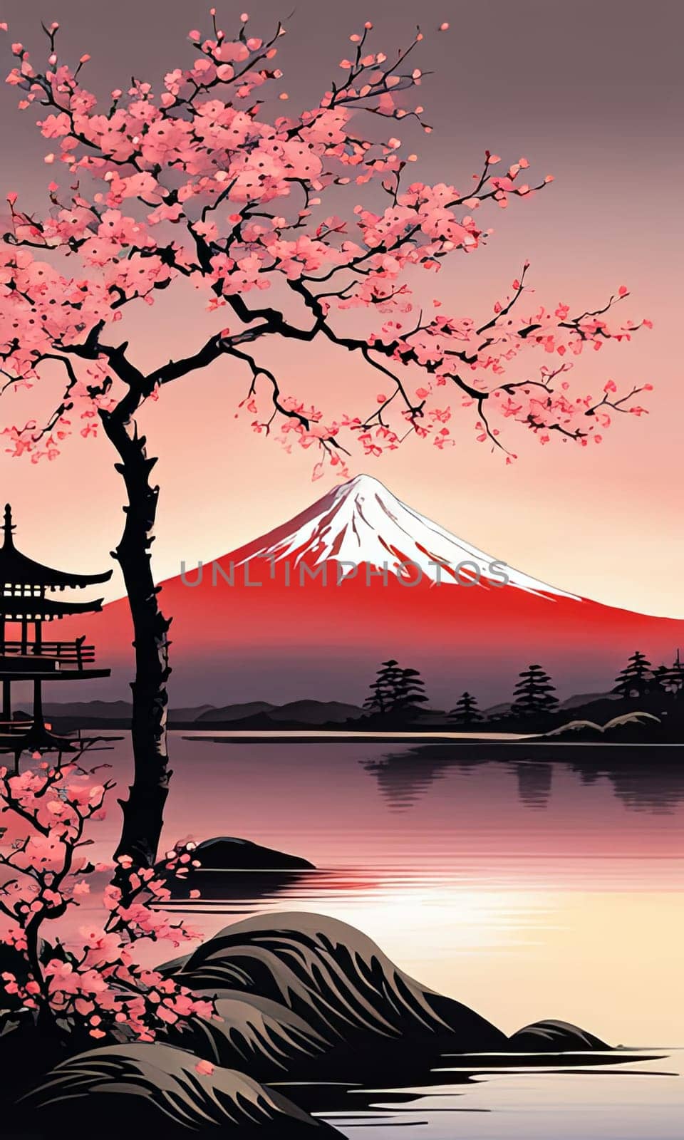 Mount Fuji range with red tree in foreground. For meditation apps, on covers of books about spiritual growth, in designs for yoga studios, spa salons, illustration for articles on inner peace, print. by Angelsmoon