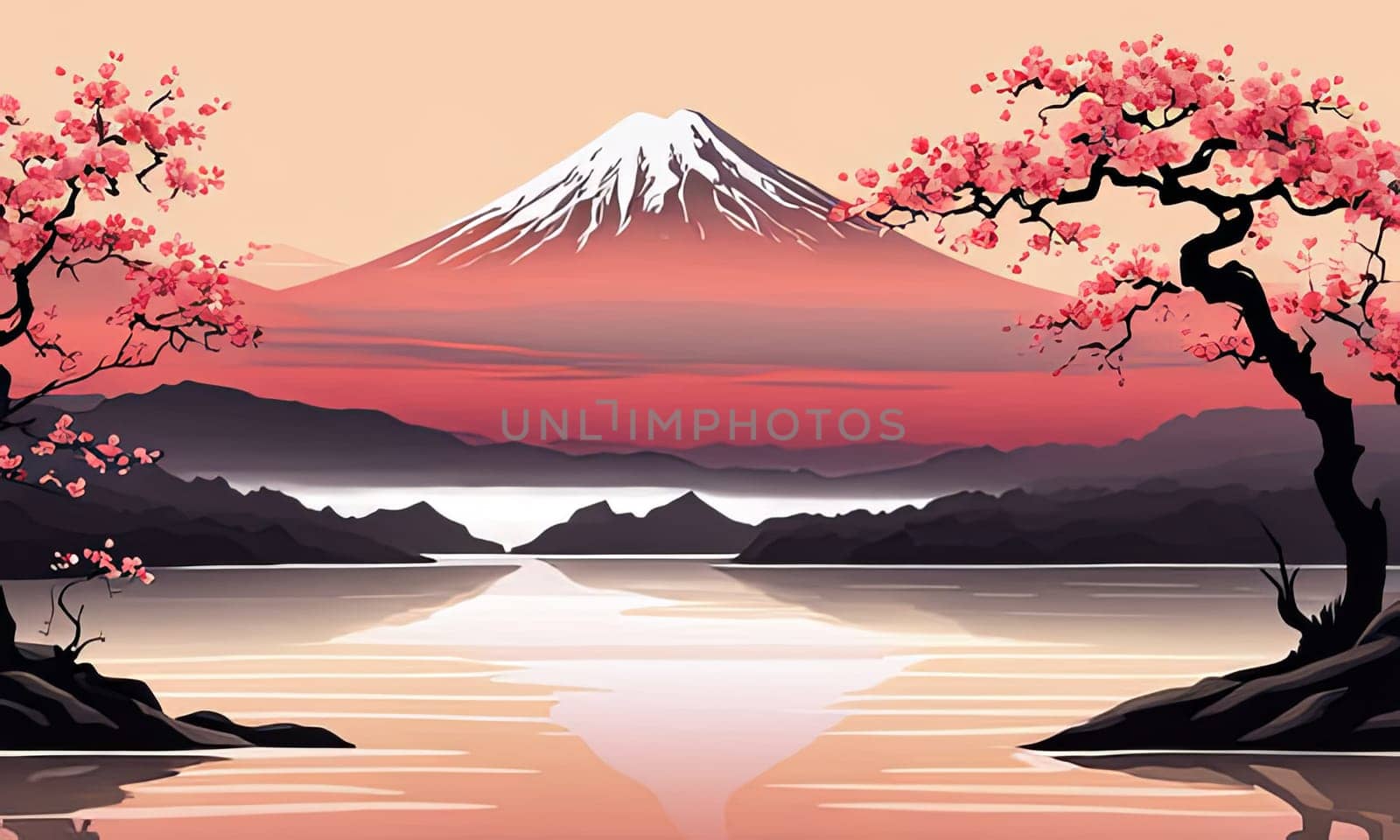 Mount Fuji majestically rising in background, framed by delicate cherry blossoms in full bloom, capturing essence of Japans natural beauty, cultural significance. For art, fashion, style, magazines