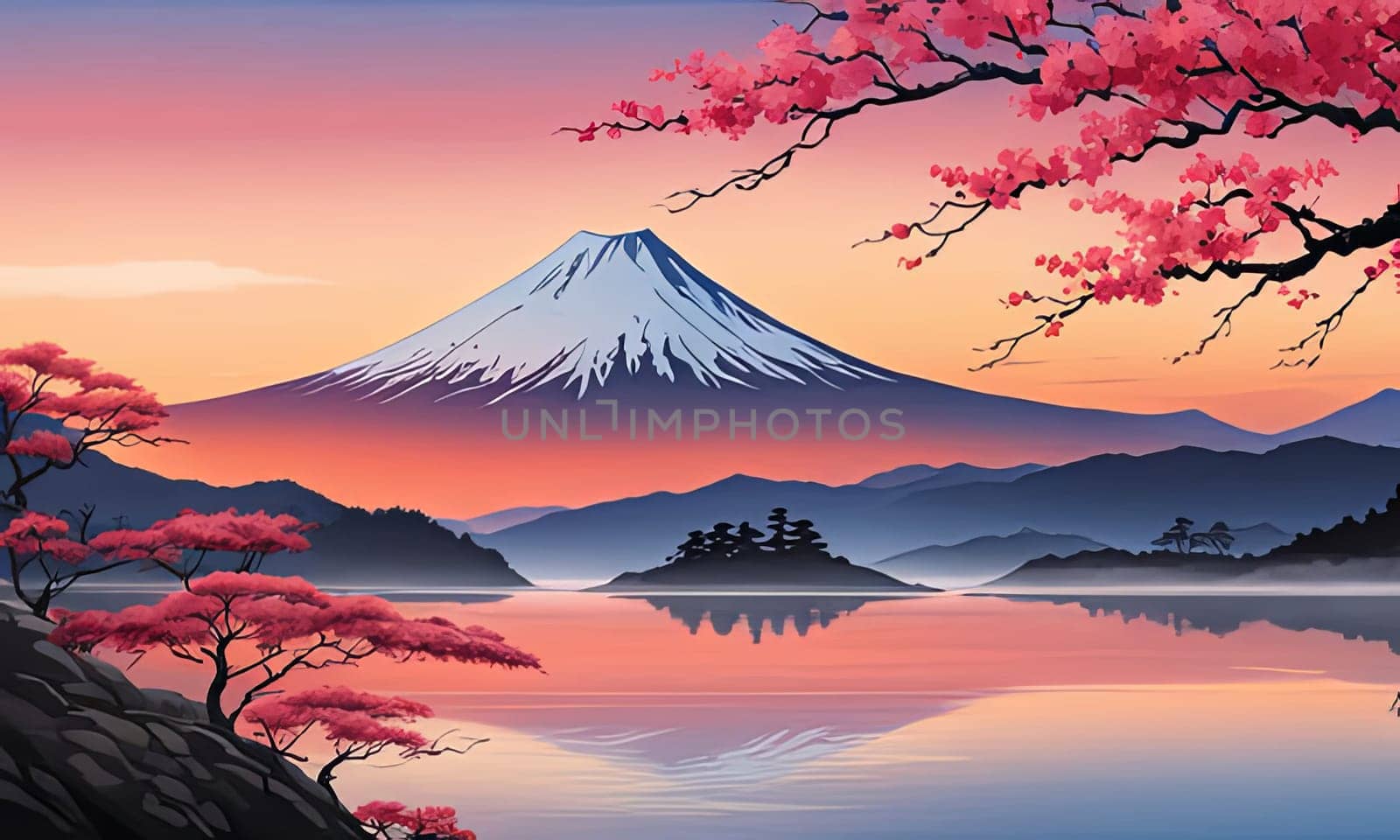 Mount Fuji at sunset, capturing majestic silhouette of mountain against vibrant, colorful sky as sun dips below horizon, creating tranquil scene. For art, creative projects, fashion, style, magazines