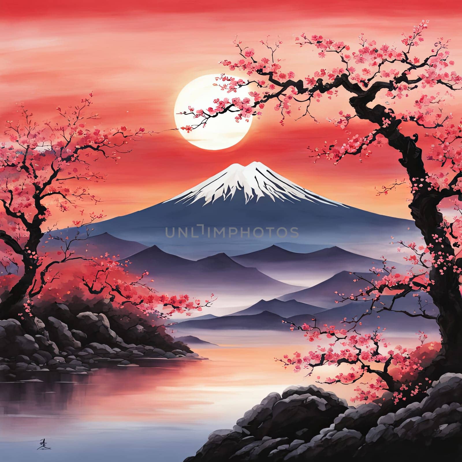 Cherry tree in full bloom with majestic Mount Fuji in background, capturing essence of traditional Japanese beauty, tranquility. For interior, commercial spaces to create stylish atmosphere, print. by Angelsmoon