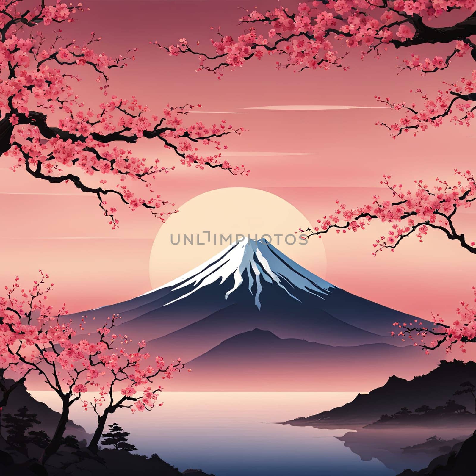 Majestic Mount Fuji in foreground, complemented by delicate backdrop of cherry blossoms in full bloom, tranquility of Japans iconic landscapes. For art, creative projects, fashion, style, magazines. by Angelsmoon