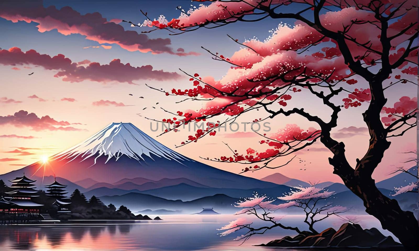 Japanese landscape adorned with vibrant cherry blossoms in full bloom, symbolizing beauty, transience of nature. For art, style, advertising campaigns, blogs, social media, web design, print, magazine