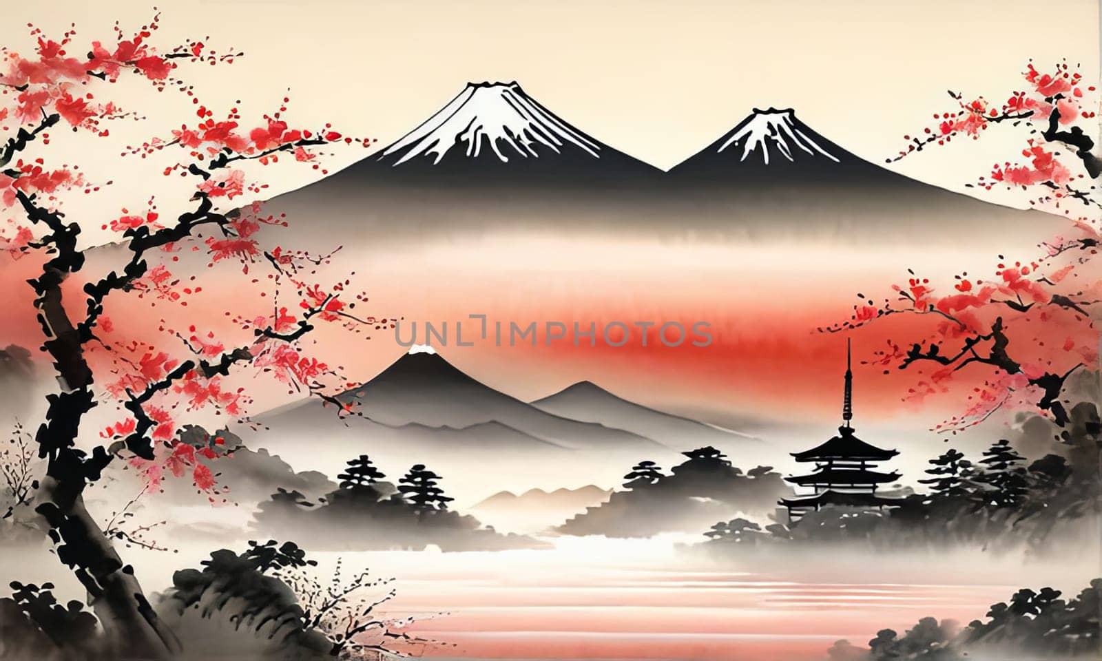 Serene Japanese landscape with mountain, cherry blossom tree. Cherry blossoms are in full bloom, creating beautiful, peaceful atmosphere. For interior, commercial spaces to create stylish atmosphere