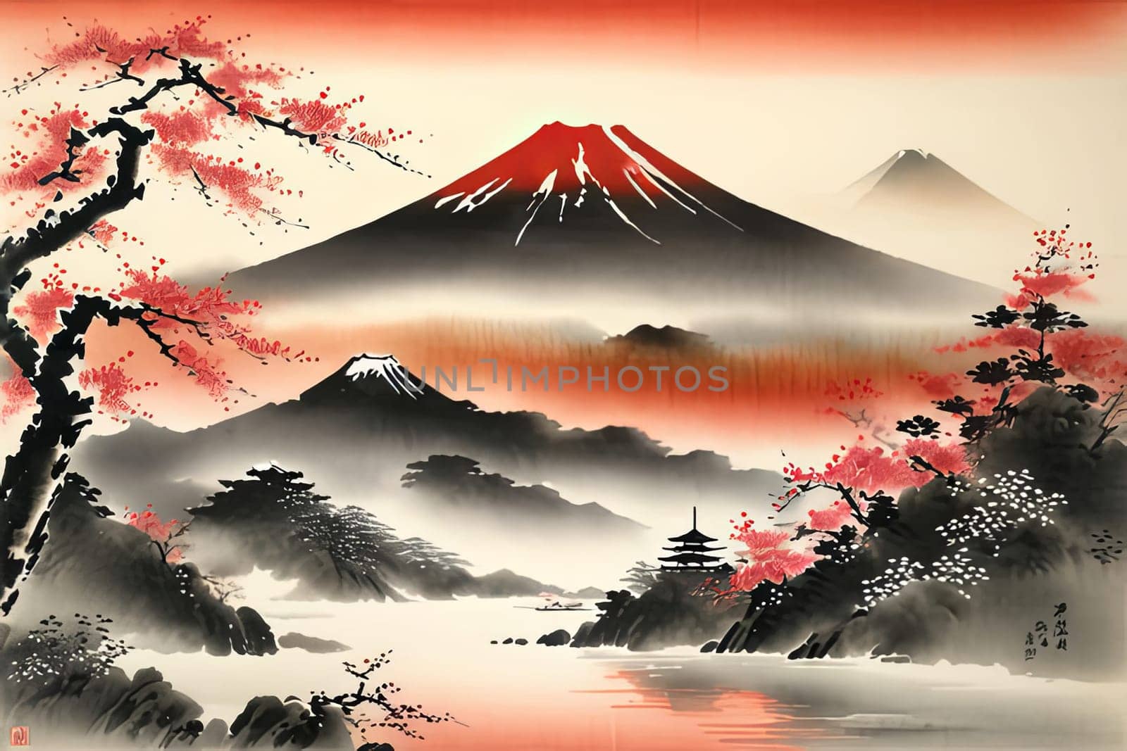 Japanese landscape with mountain, cherry blossom tree.For meditation apps, on covers of books about spiritual growth, in designs for yoga studios, spa salons, illustration for articles on inner peace. by Angelsmoon