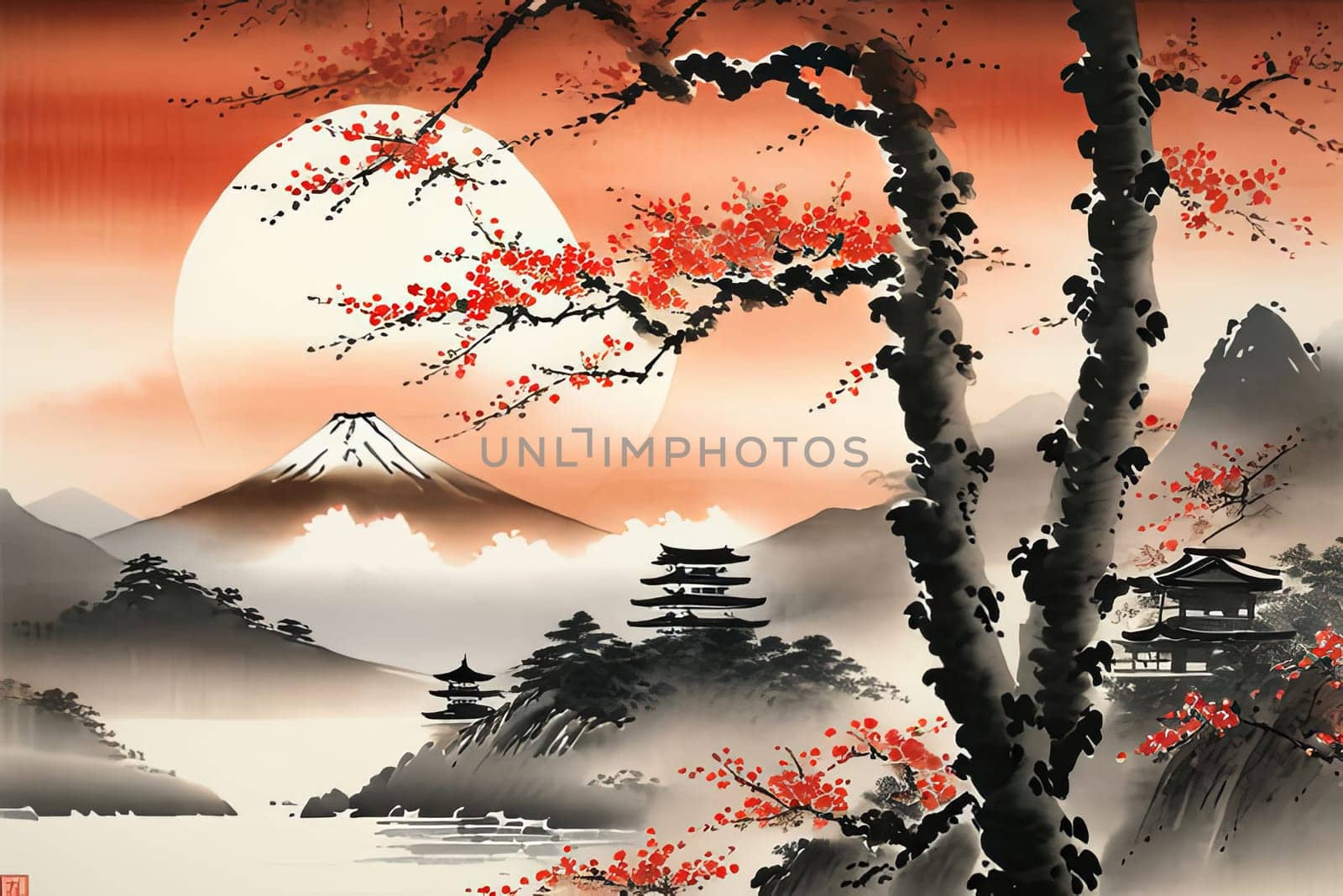 Beauty of Japanese landscape adorned with delicate cherry blossoms, symbolizing ephemeral nature of life, arrival of spring. For interior, commercial spaces to create stylish atmosphere, print, banner