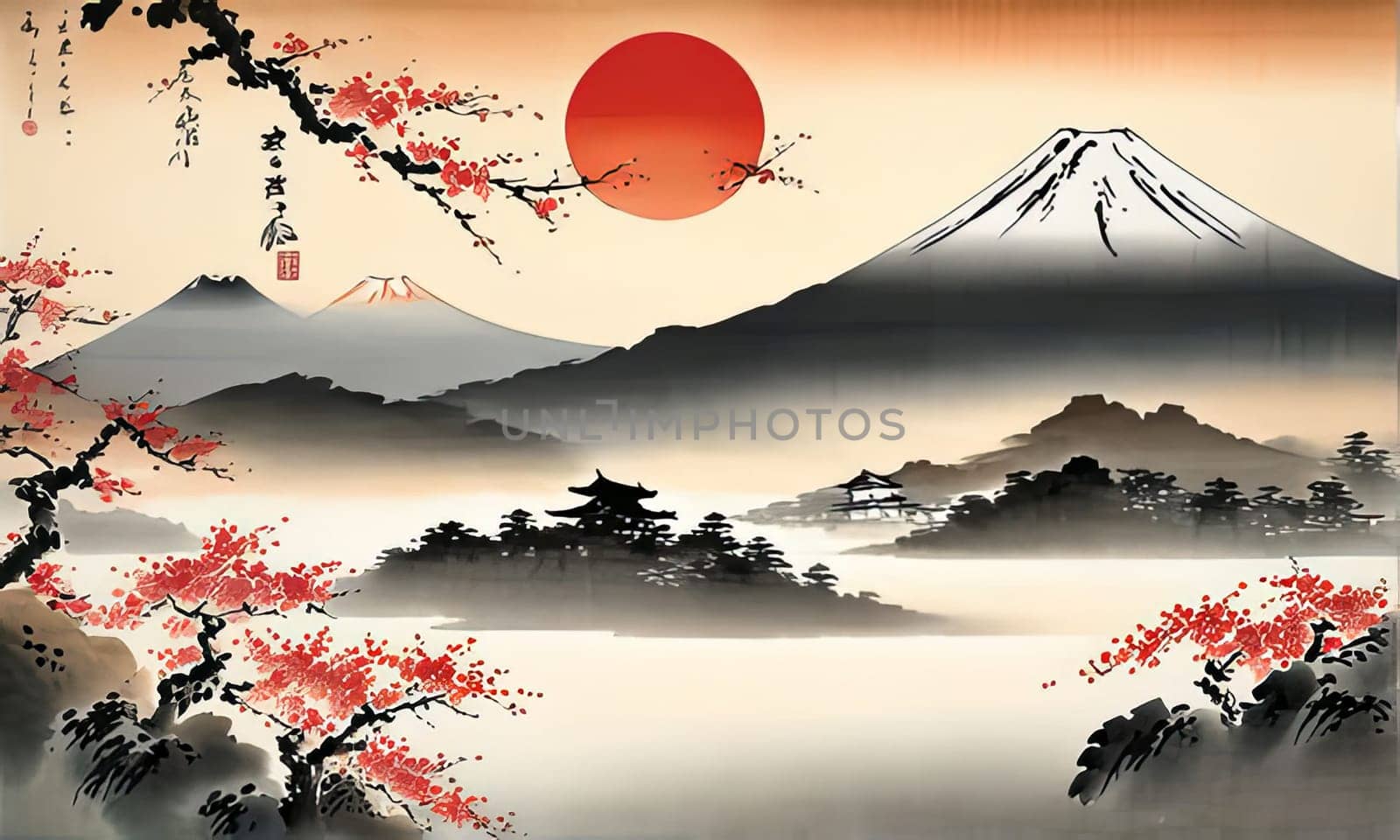 Japanese mountain landscape adorned with delicate cherry blossoms, capturing essence of tranquility, beauty. For interior, commercial spaces to create stylish atmosphere, print