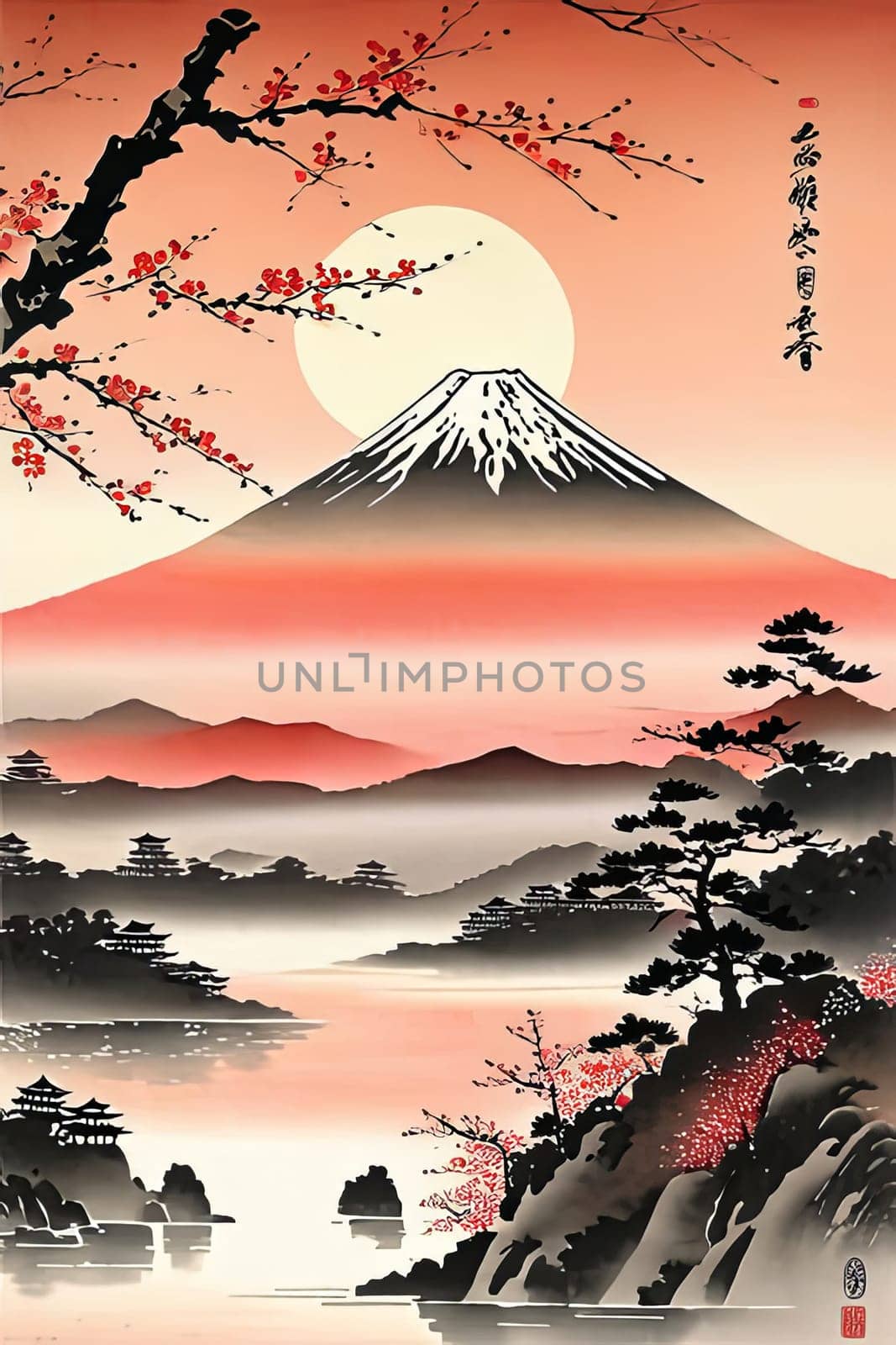 Serene landscape with mountain in background. For meditation apps, on covers of books about spiritual growth, in designs for yoga studios, spa salons, illustration for articles on inner peace, print. by Angelsmoon