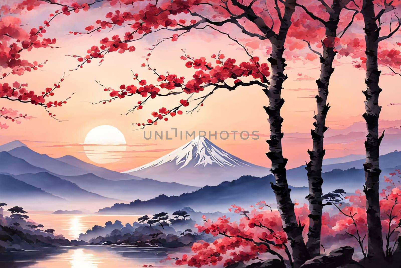 Japanese cherry blossoms in full bloom along shores of tranquil lake, capturing essence of springs beauty, tranquility. For art, creative projects, advertising campaigns, blogs, print, magazine