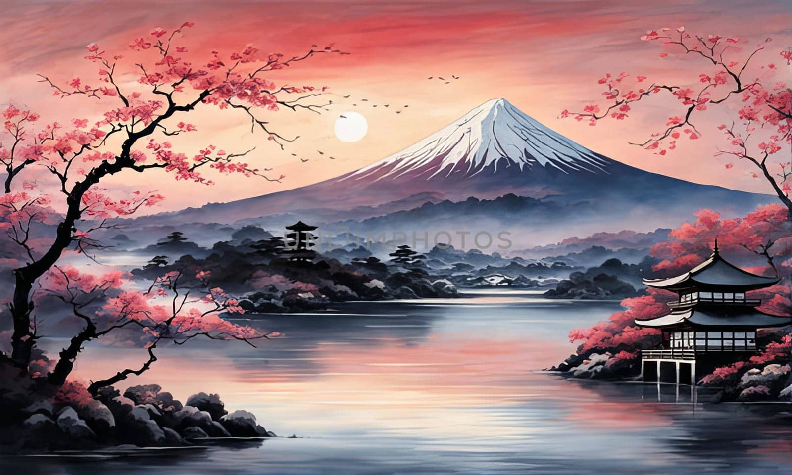 Japanese landscape adorned with vibrant cherry blossoms in full bloom, symbolizing beauty, transience of nature. For art, style, advertising campaigns, blogs, social media, web design, print, magazine