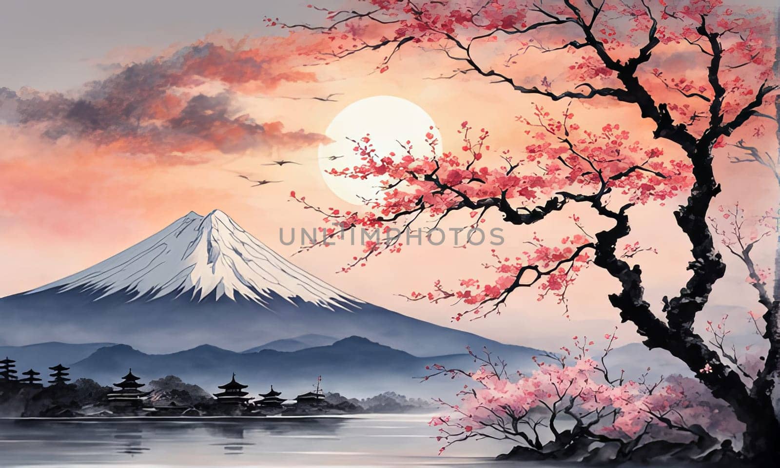 Japanese landscape adorned with delicate cherry blossoms, capturing essence of spring in Japan. For art, creative projects, fashion, style, blogs, social media, web design, print, magazine, banner