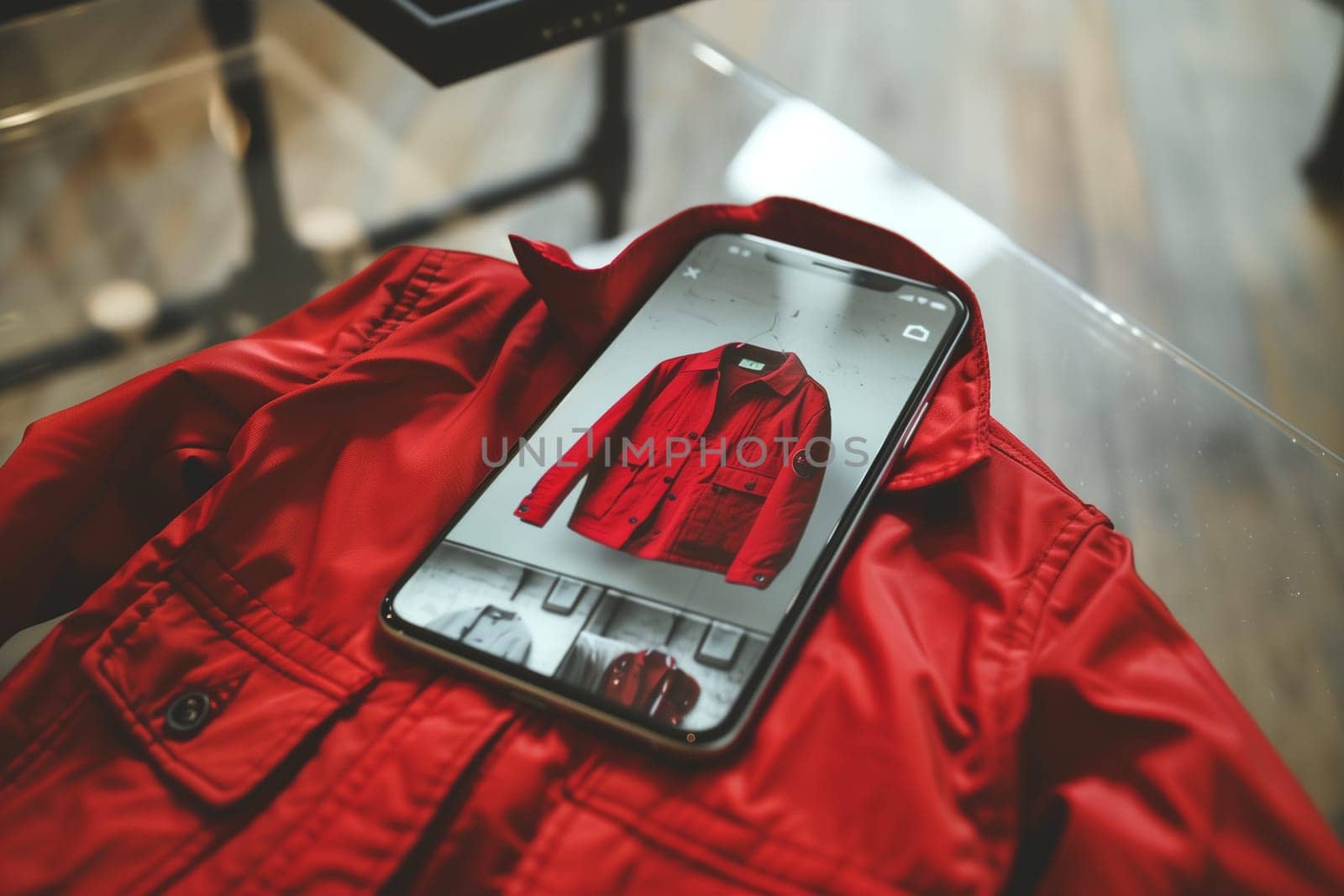 A black cell phone placed on top of a vibrant red jacket, creating a contrast in colors and textures.