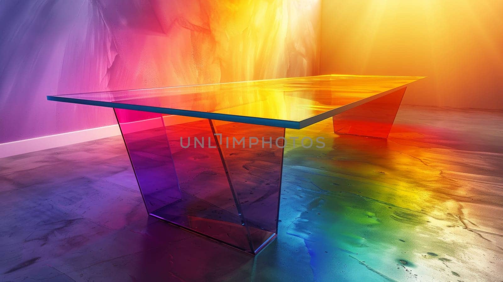 A glass table with a rainbow colored base and light shining through it