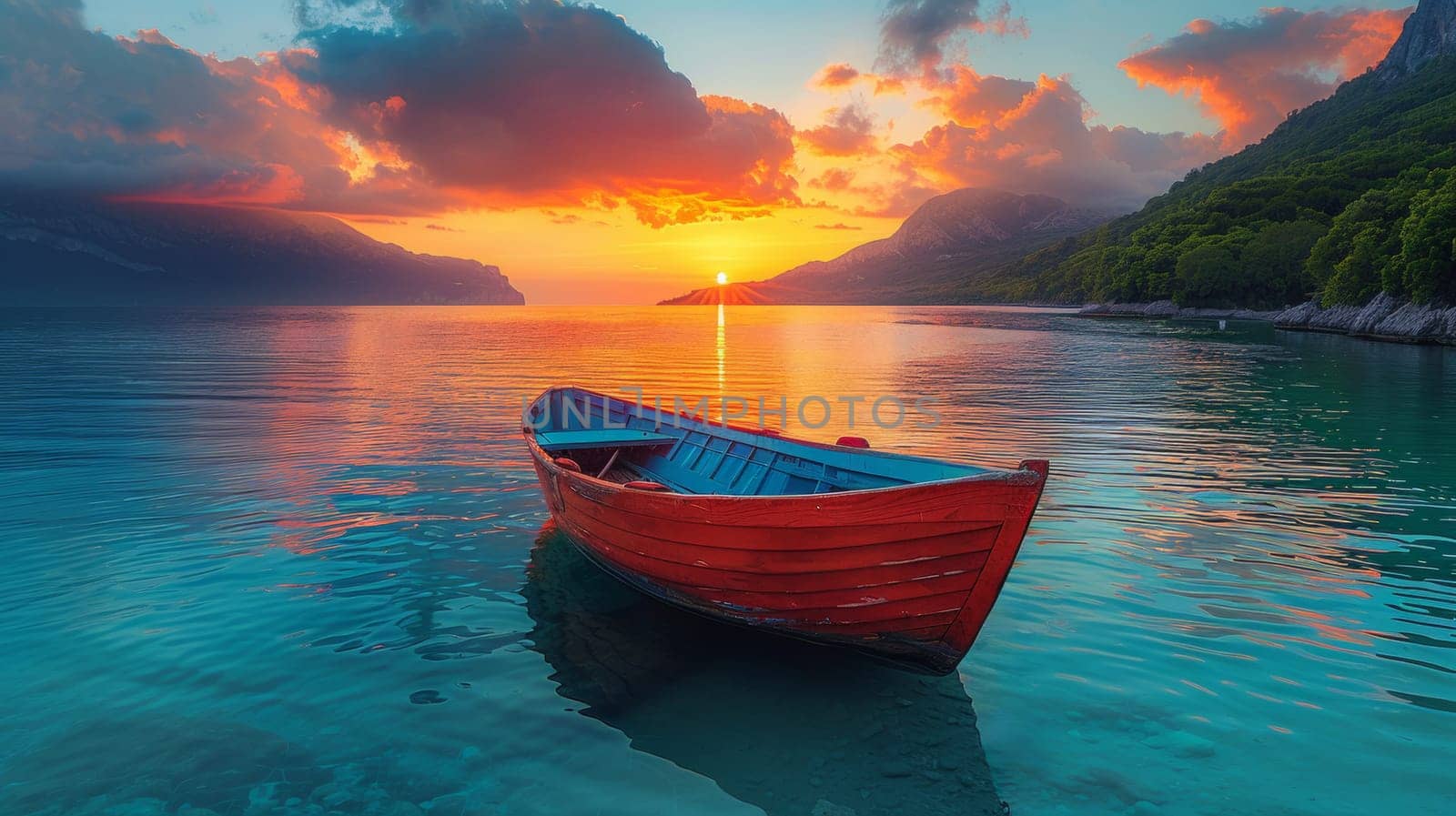 A boat is sitting in the water at sunset