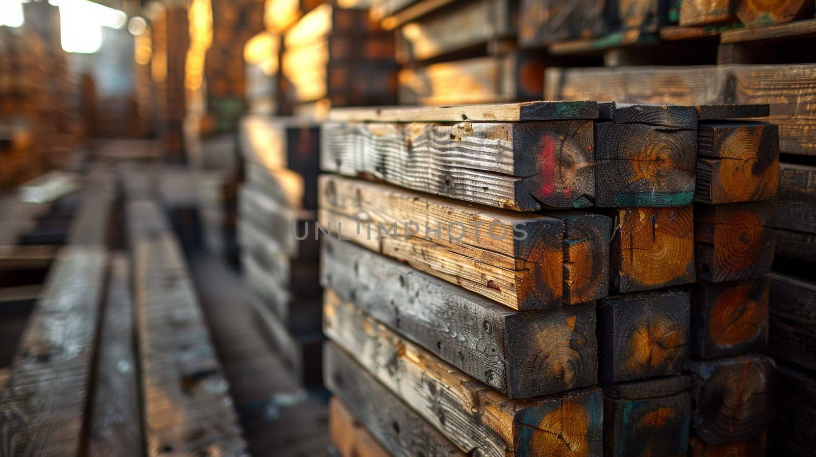 A close up of a stack of wooden planks in an industrial setting