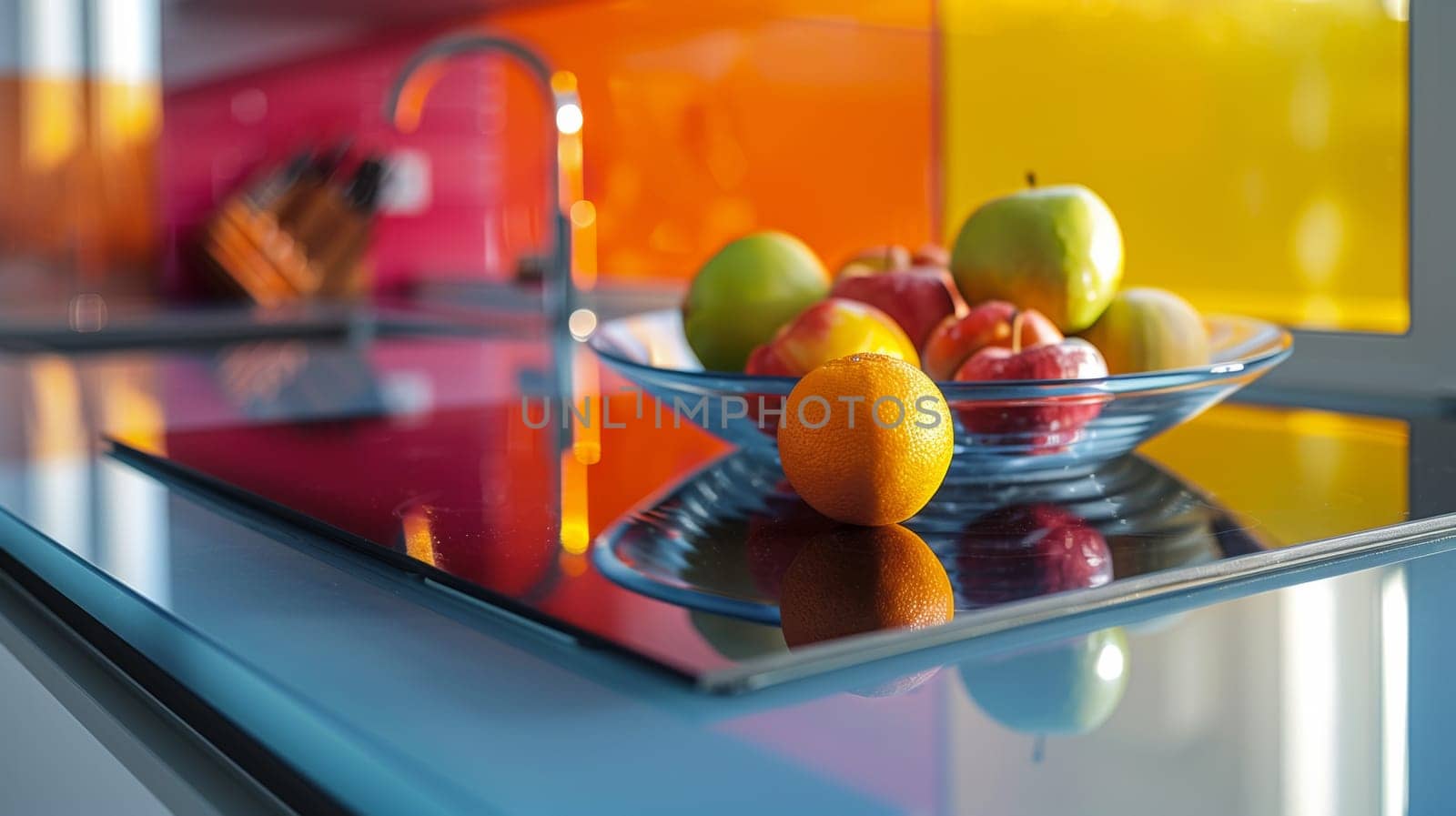 A bowl of fruit on a glass counter top with an orange