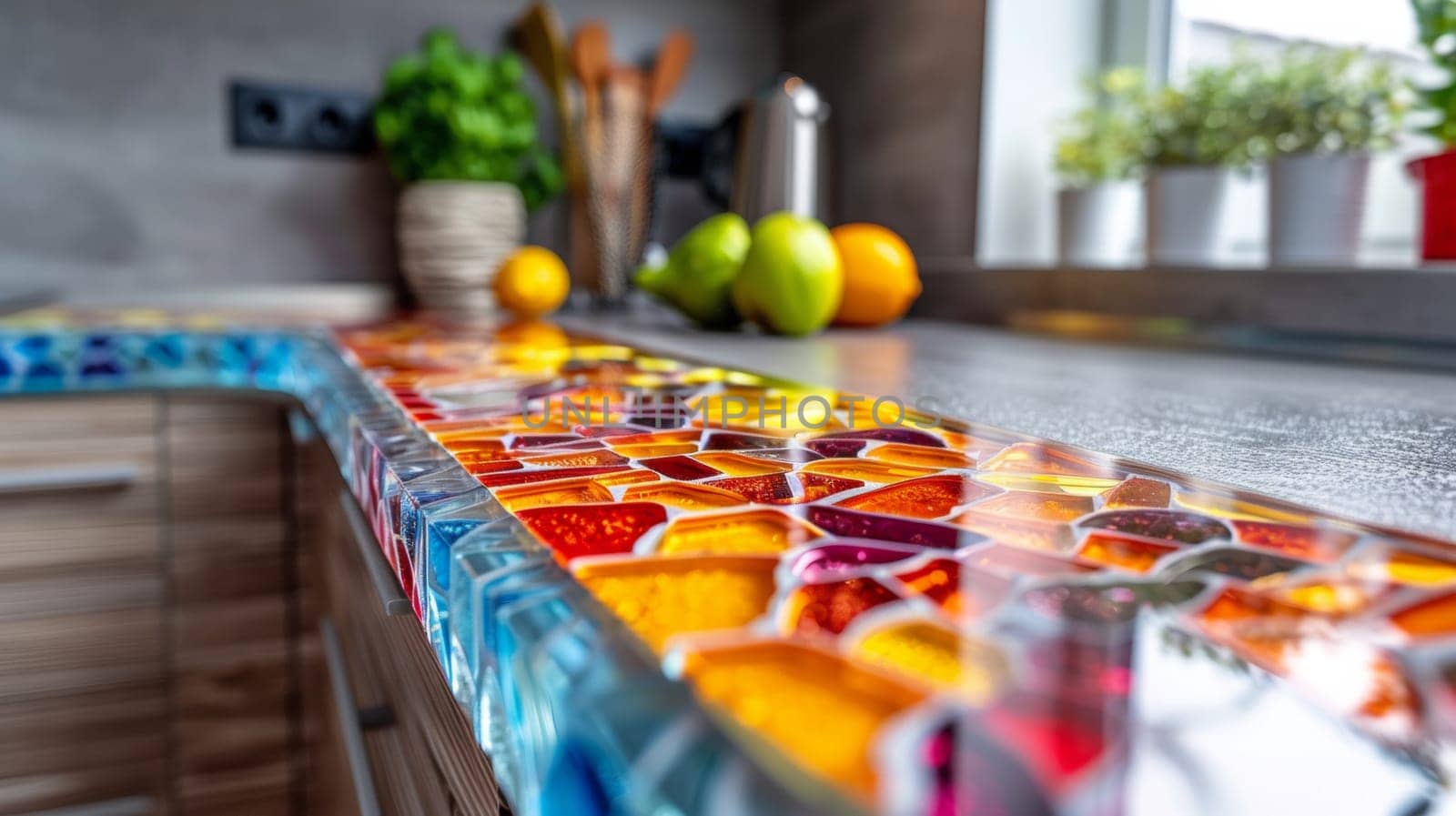 A colorful glass counter top with a variety of fruits on it