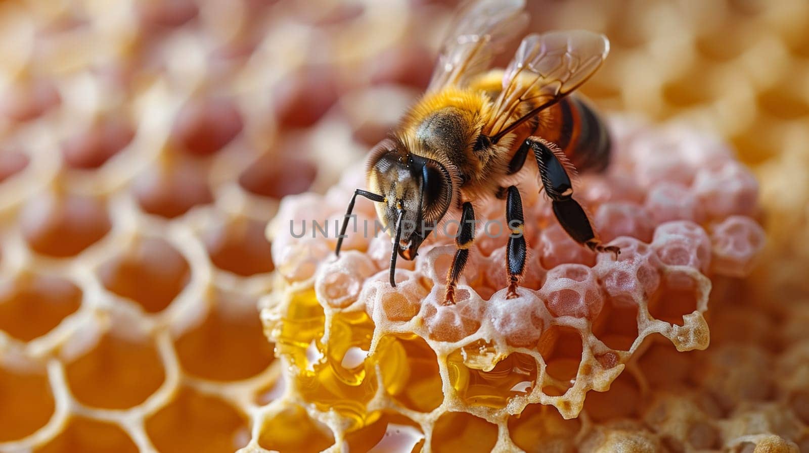 A bee is sitting on a piece of honeycomb with its legs spread