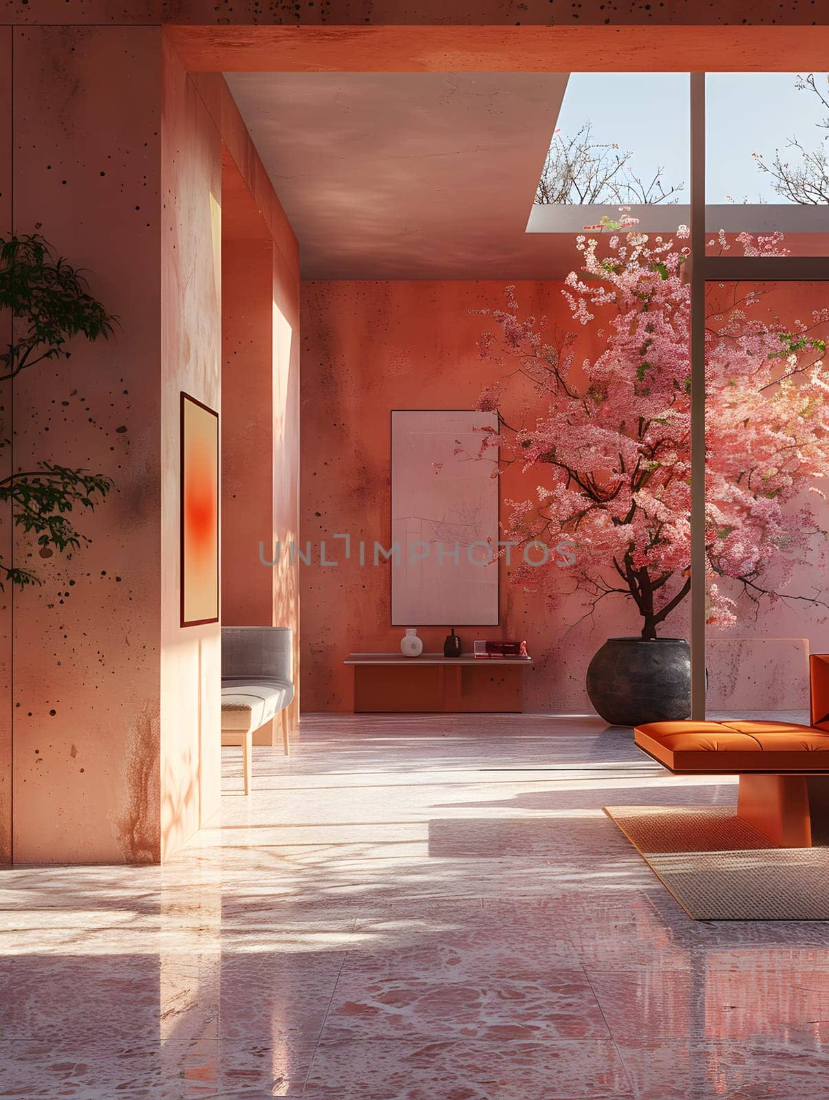 A hardwood flooring living room with a cherry blossom tree in the background. The room features brick walls and a rectangular wooden fixture