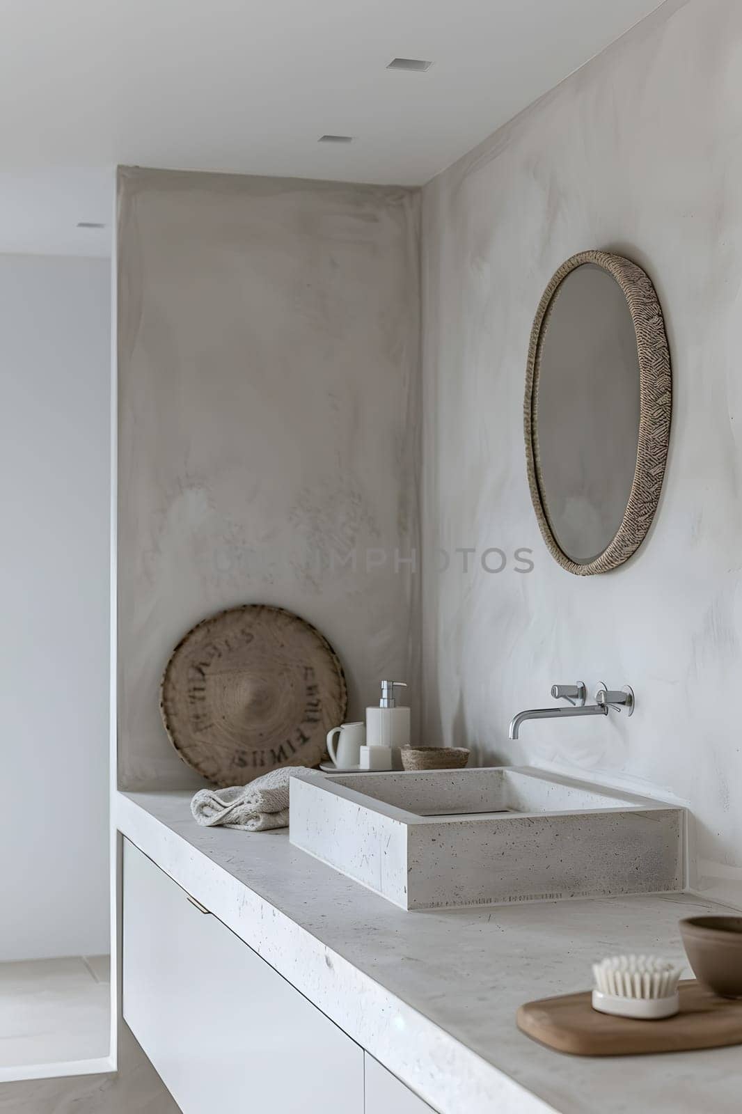 A bathroom in a house with a sink and mirror fixture on a wooden wall by Nadtochiy