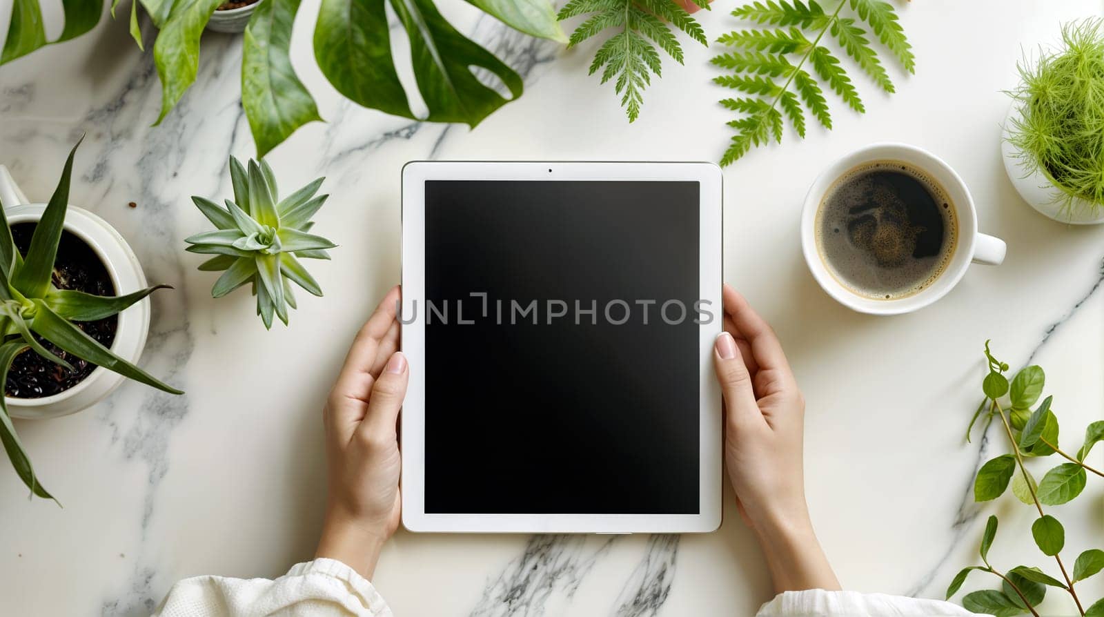 Hands holding tablet on a nature-inspired desk by chrisroll