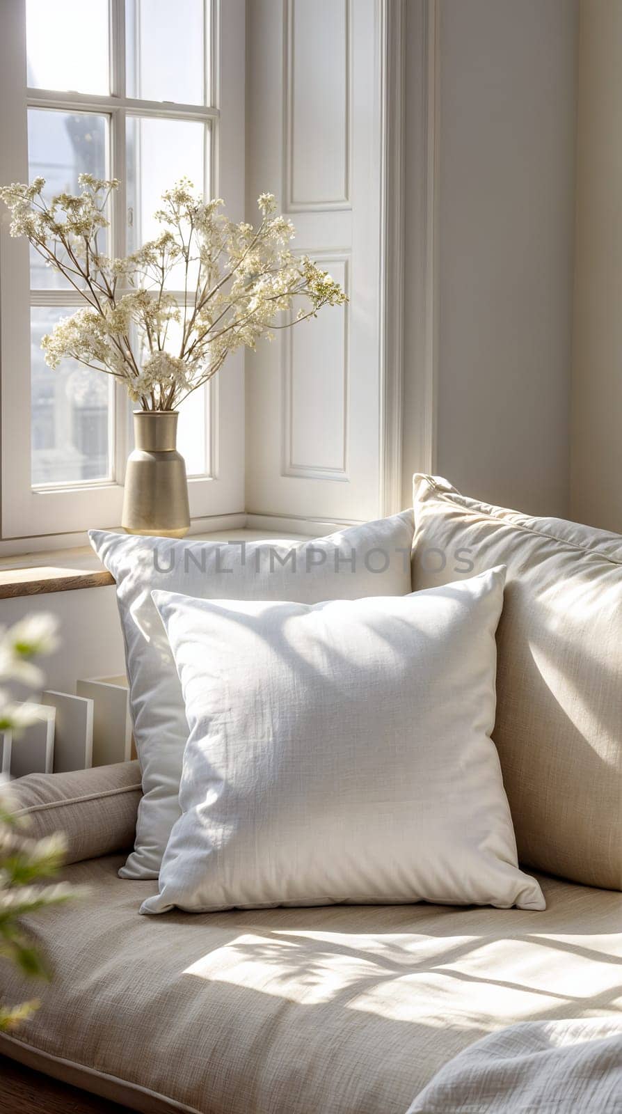 Warm sunlight bathes a comfortable nook, featuring plush cushions and a vase of delicate flowers, ideal for branding mockups