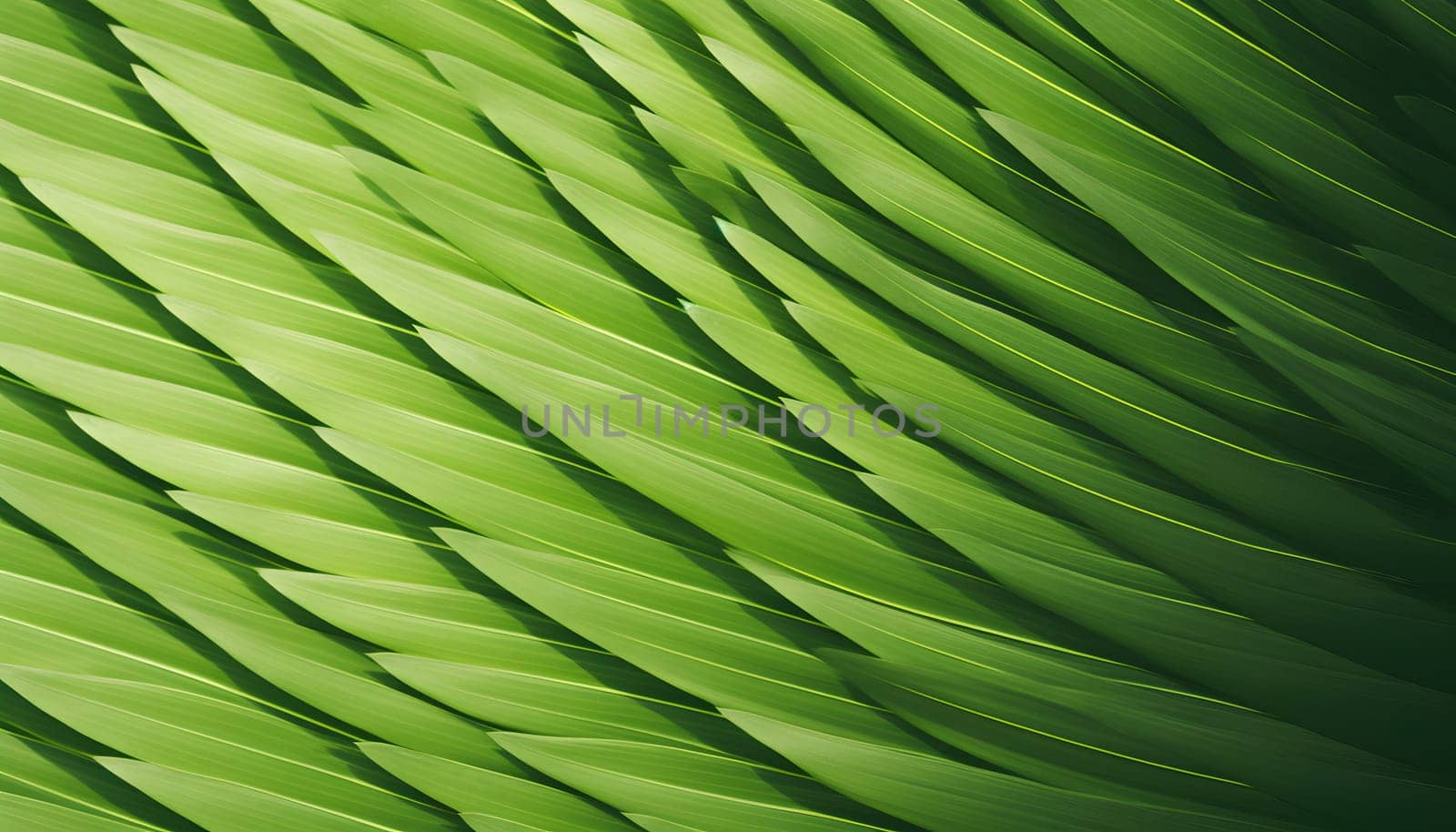 This close-up image showcases the intricate details of a vibrant green striped palm leaf, capturing the natural beauty and textures up close.