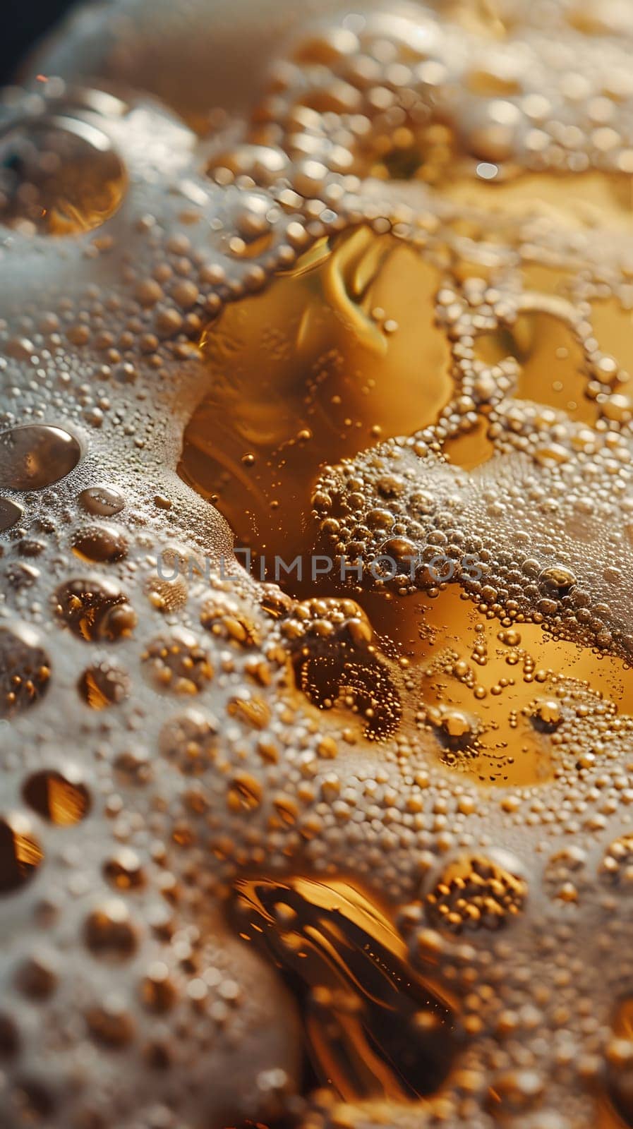 A detailed macro photography shot showcasing the bubbles escaping from a glass of beer, with intricate patterns and reflections of wood and metal
