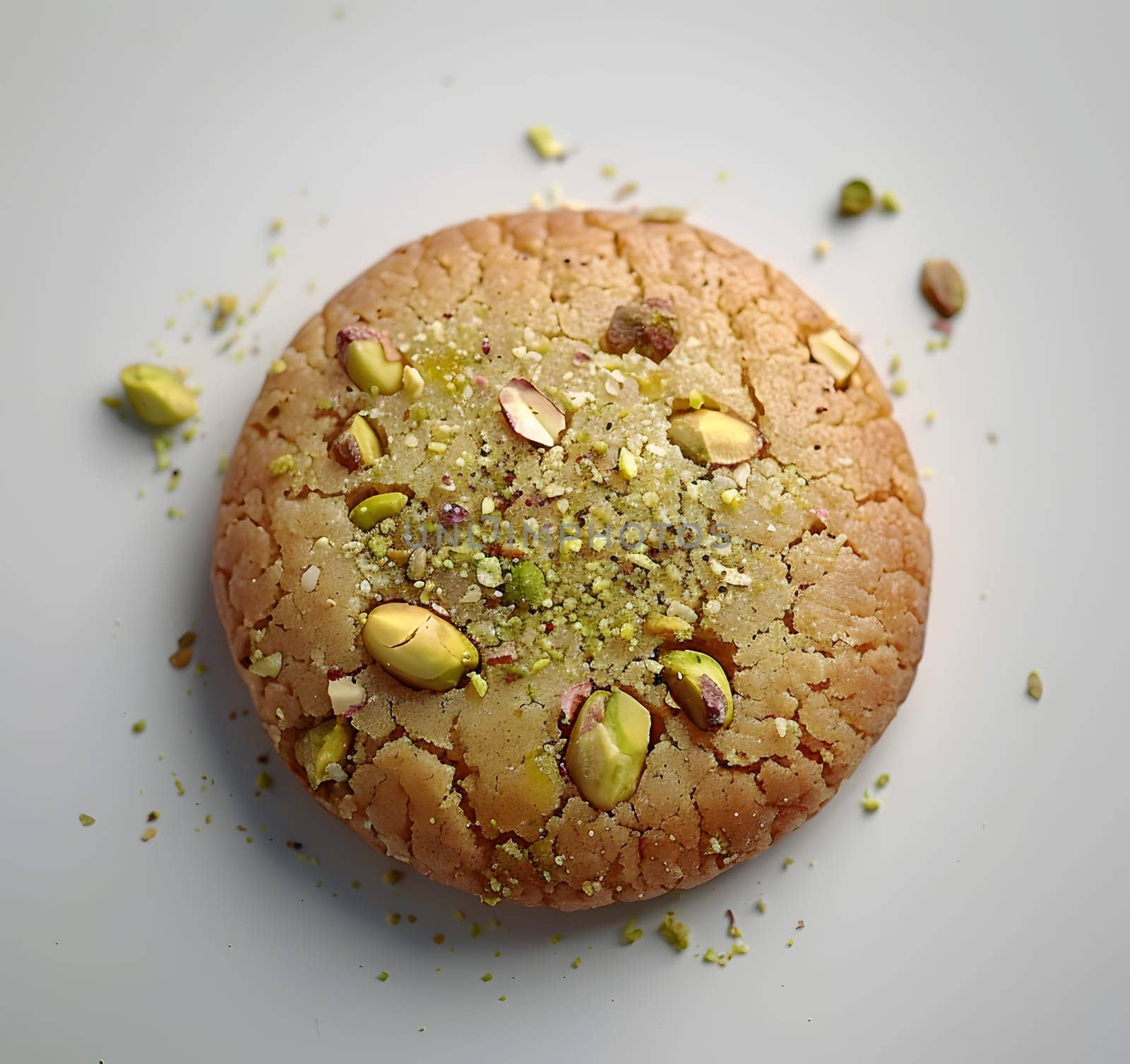 A delicious cookie topped with crunchy pistachios, placed on a white surface. This baked good is a staple food in many cuisines and is a popular dessert choice. Glutenfree option available