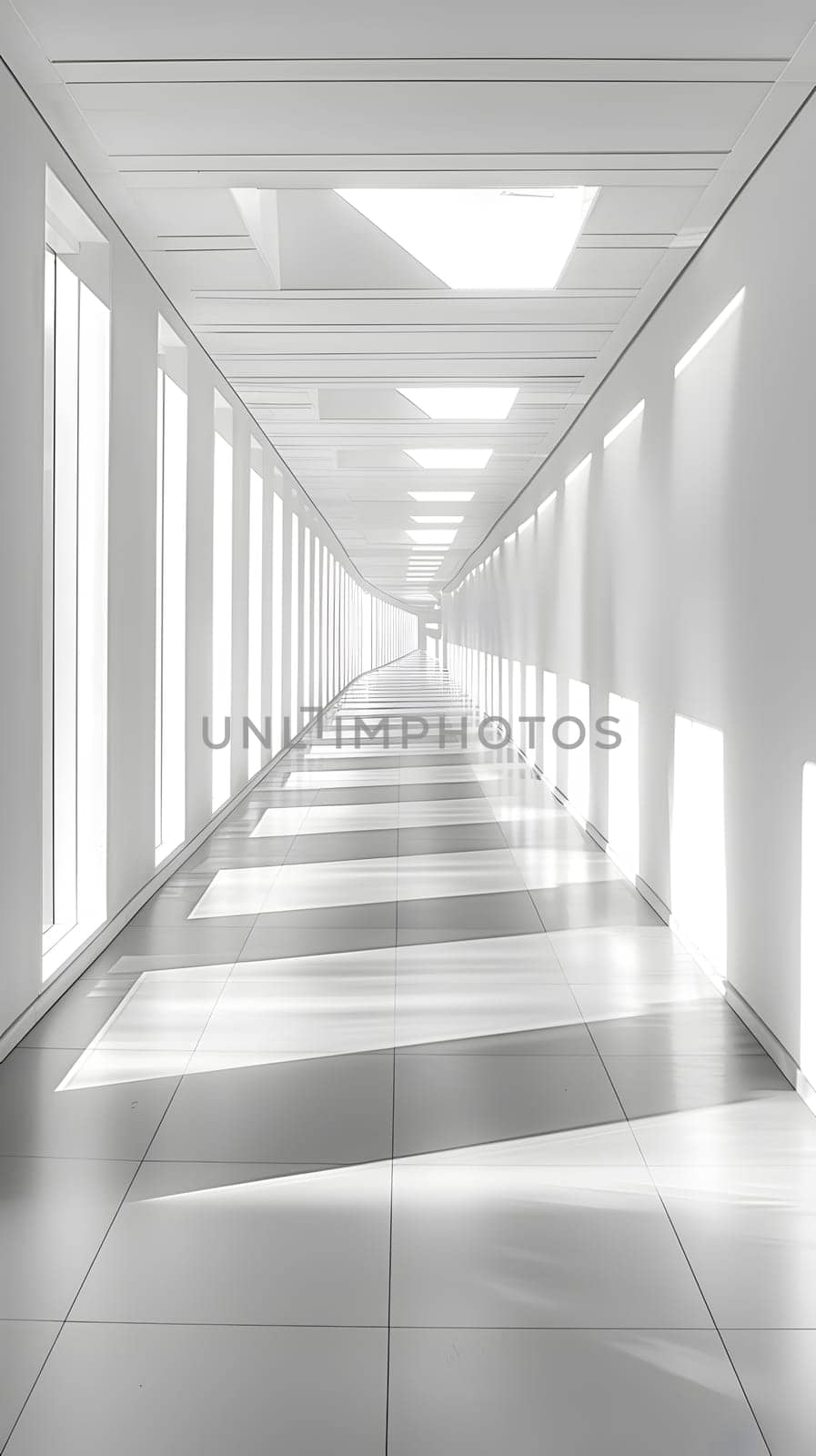 A blackandwhite art deco building with a long parallel hallway featuring a symmetrical arrangement of windows, flooding the space with natural light from the glass ceiling