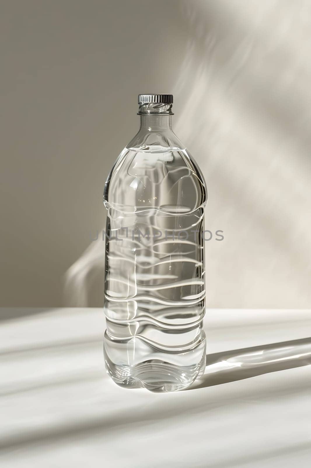 A Water bottle filled with mineral water rests on a white table by Nadtochiy