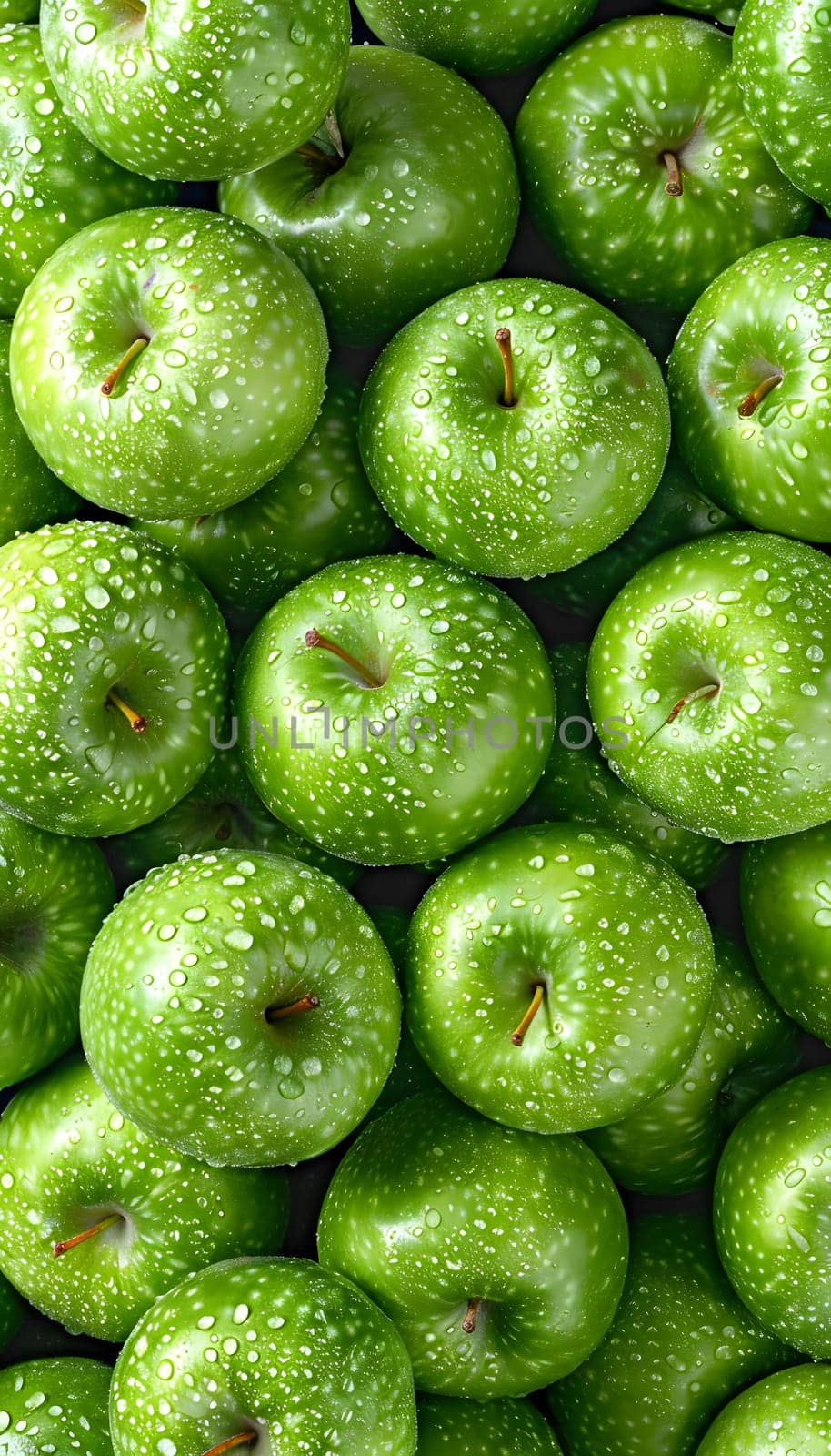 A pile of green apples, a seedless fruit, with water drops on them. They are natural foods, whole foods, and ingredients from a terrestrial plant organism